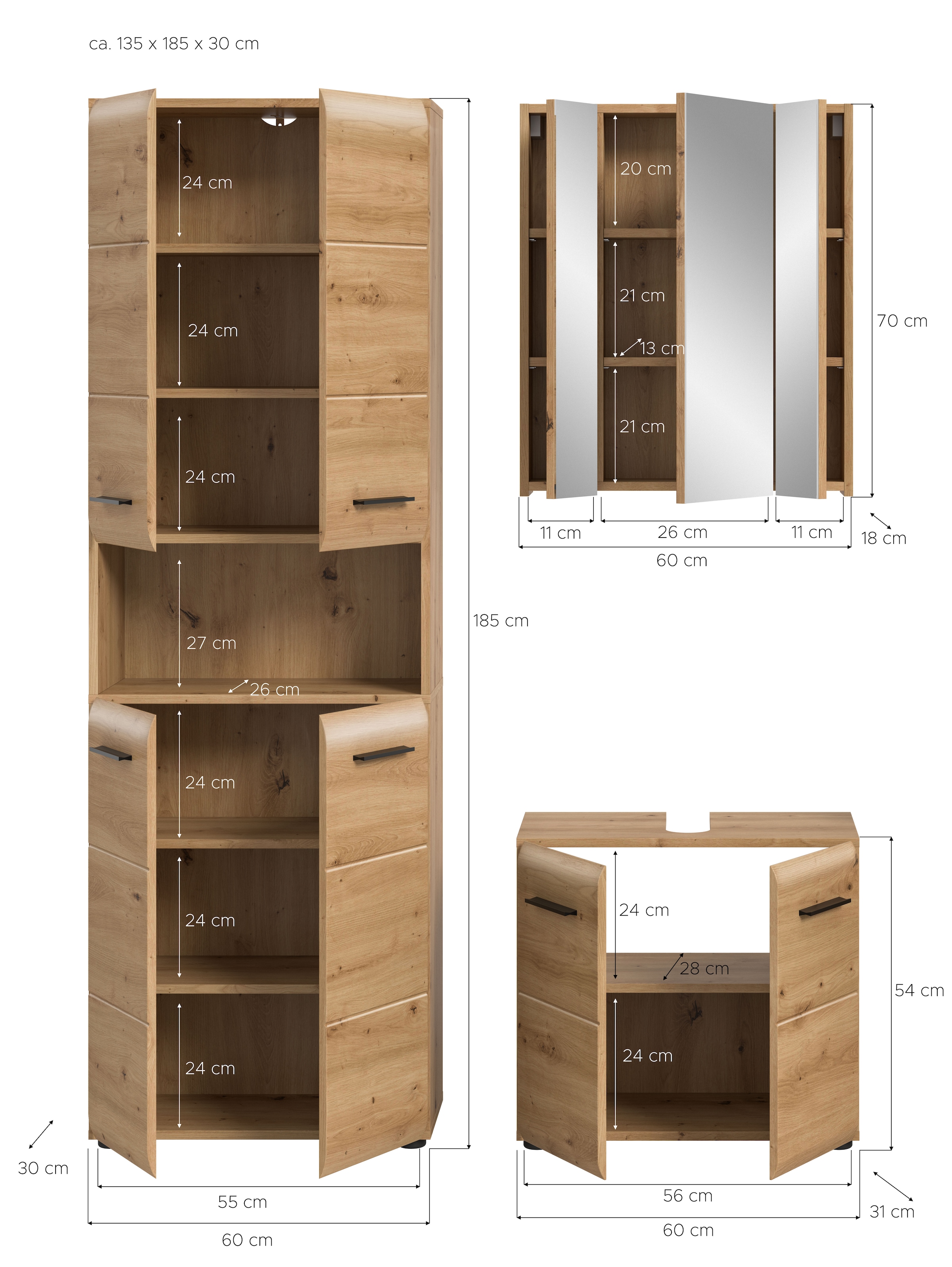 INOSIGN Badmöbel-Set »FLORENZ, TOPSELLER!, 3-teilige Badkombination, hochwertige MDF-Front« Set, best. aus: 1 Hochschrank, 1Waschbeckenunterschrank, 1 Spiegelschrank, 3 Stk. tlg.
