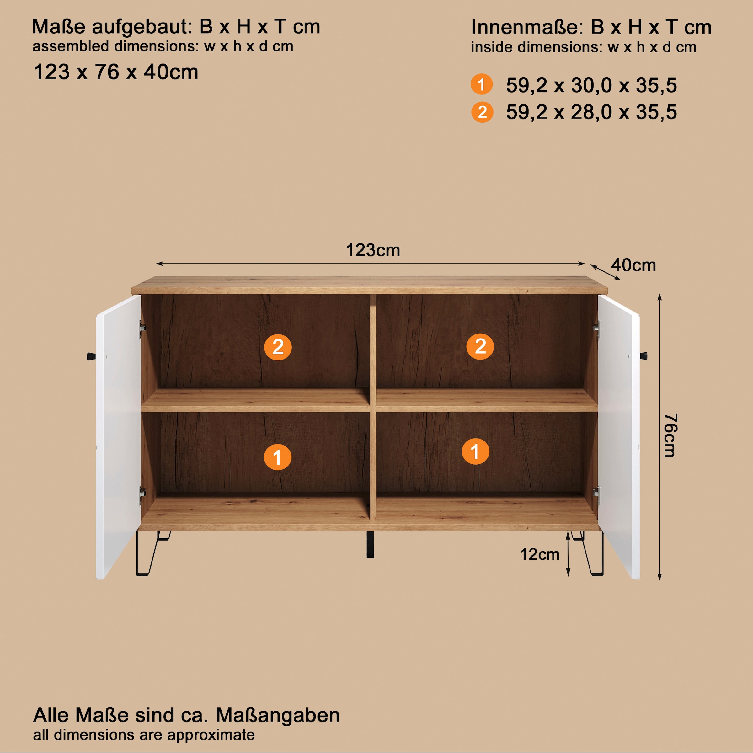 Places of Style Sideboard »Tarragona«, Sideboard mit 2 Türen & Soft-Close - (B/T/H) 123/40/76 cm
