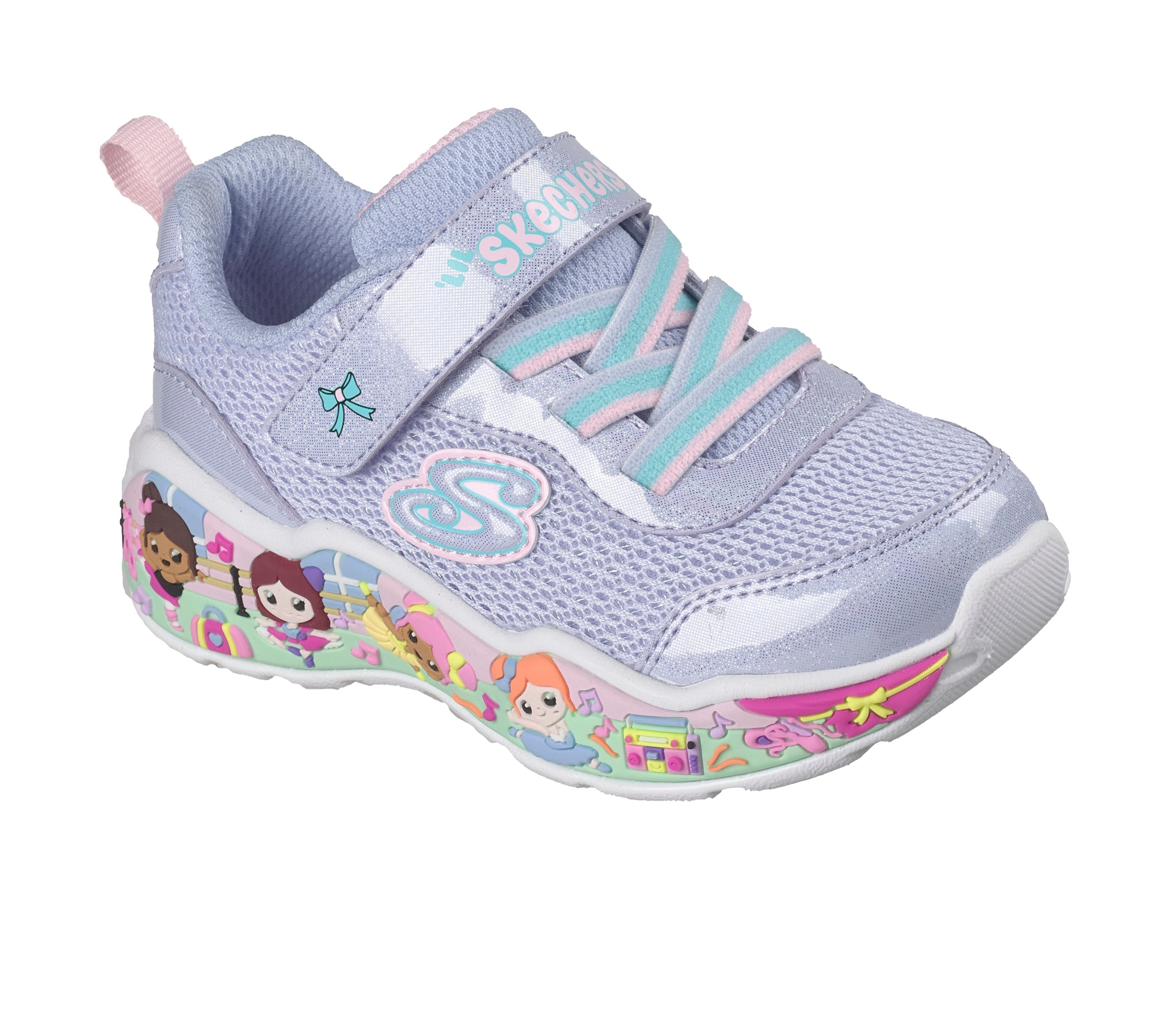 Lauflernschuh SKECHERS "PLAY SCENE-FUN SQUAD", Baby, Gr. 22, hellblau, flieder, Lederimitat, Mesh, kontrastfarbene Details, Schuhe Lauflernschuh, Sneaker mit bunten Motiven verziert, Größenschablone zum Download