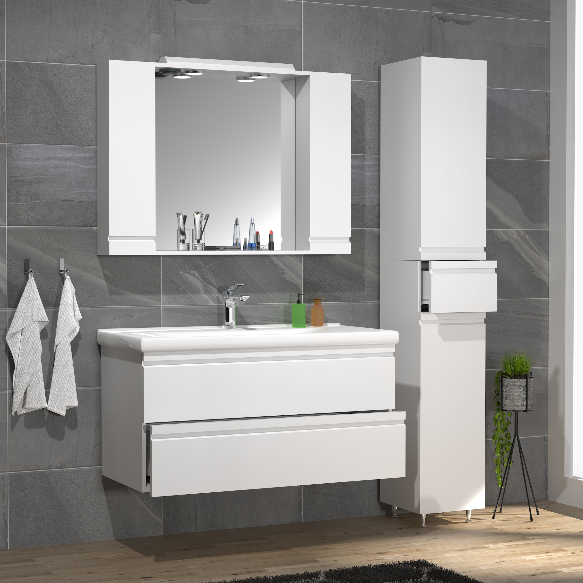 VCM Waschbeckenunterschrank »VCM 4-tlg. Waschplatz Waschtisch 100 cm Badmöbel Set Waschbecken grifflose Schublade Spiegelschrank Hochschrank Silora XL« 4 Stk. tlg.