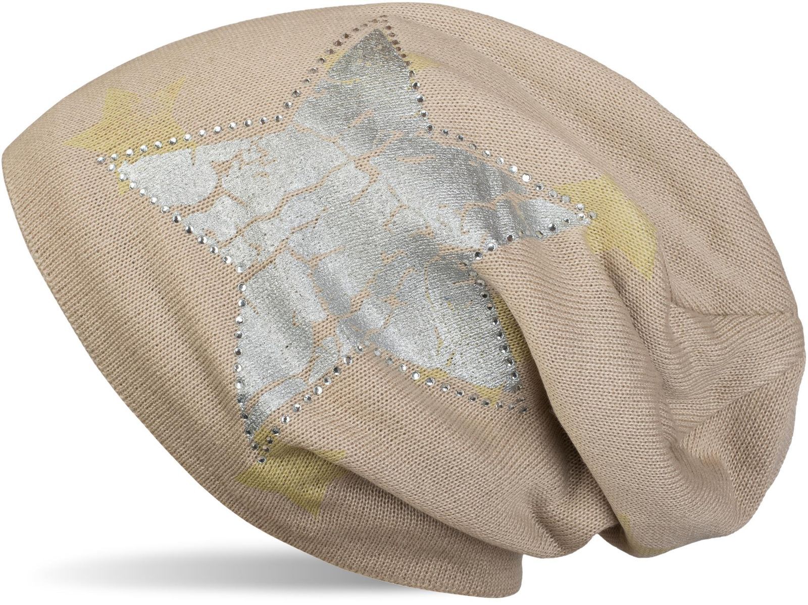 styleBREAKER Strickmütze "Feinstrick Beanie mit Sternen und Strass" 1 Stk.