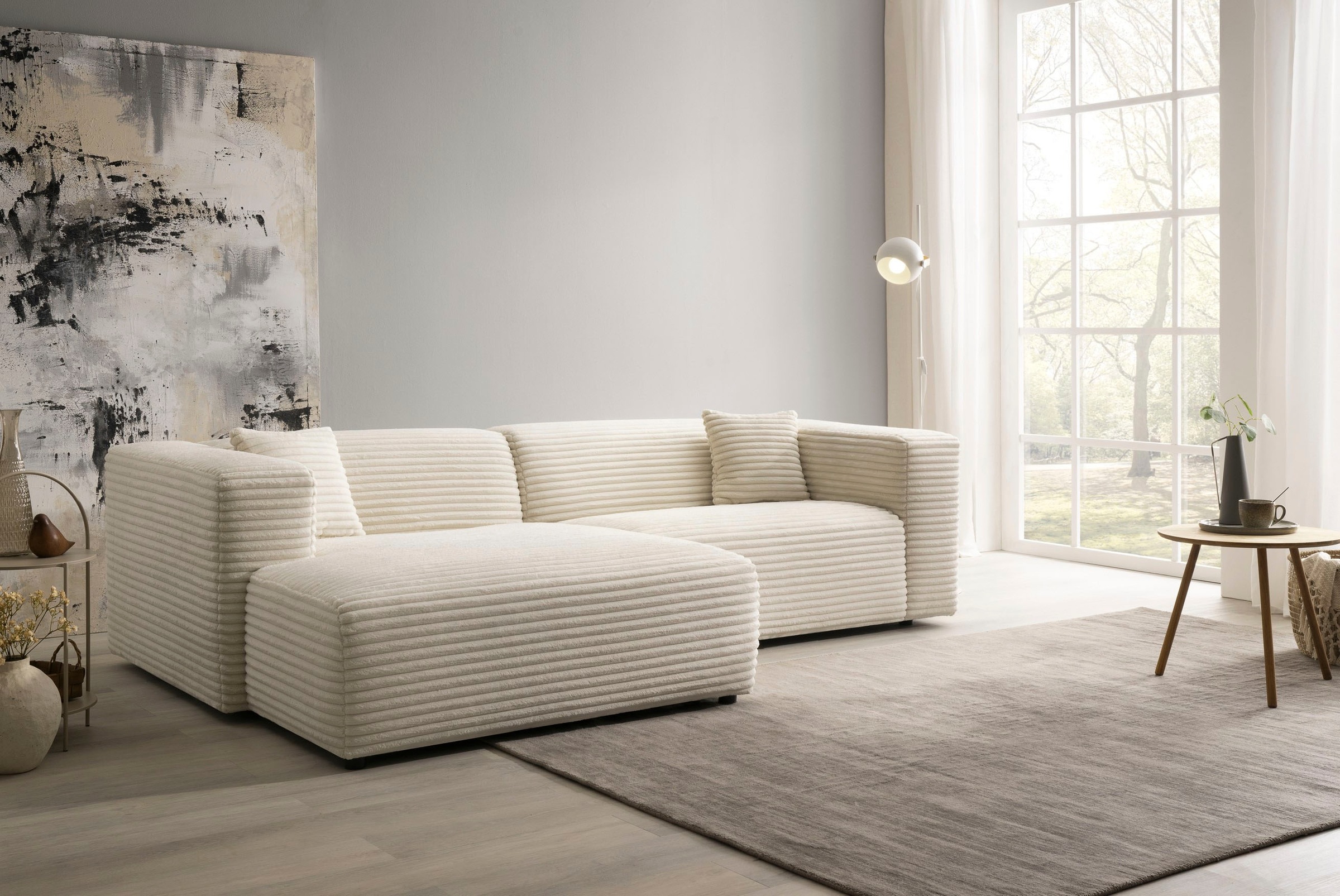 andas Ecksofa »BAKELS, L-Form in Cord oder Boucle-Stoff, moderne Couch«, wahlweise Recamiere rechts/links, bequemer Sitzkomfort