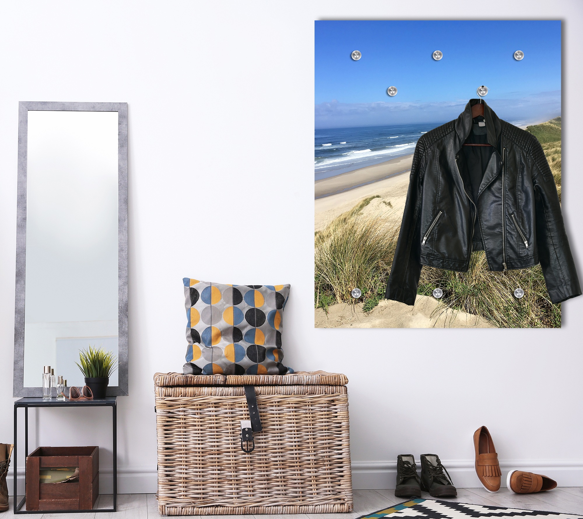 queence Garderobenpaneel »Wandgarderobe mit Motiv Foto Dünen und Gräser inkl. Edelstahlhaken« 1 Stk. tlg. HD Premium Druck auf Acrylglas