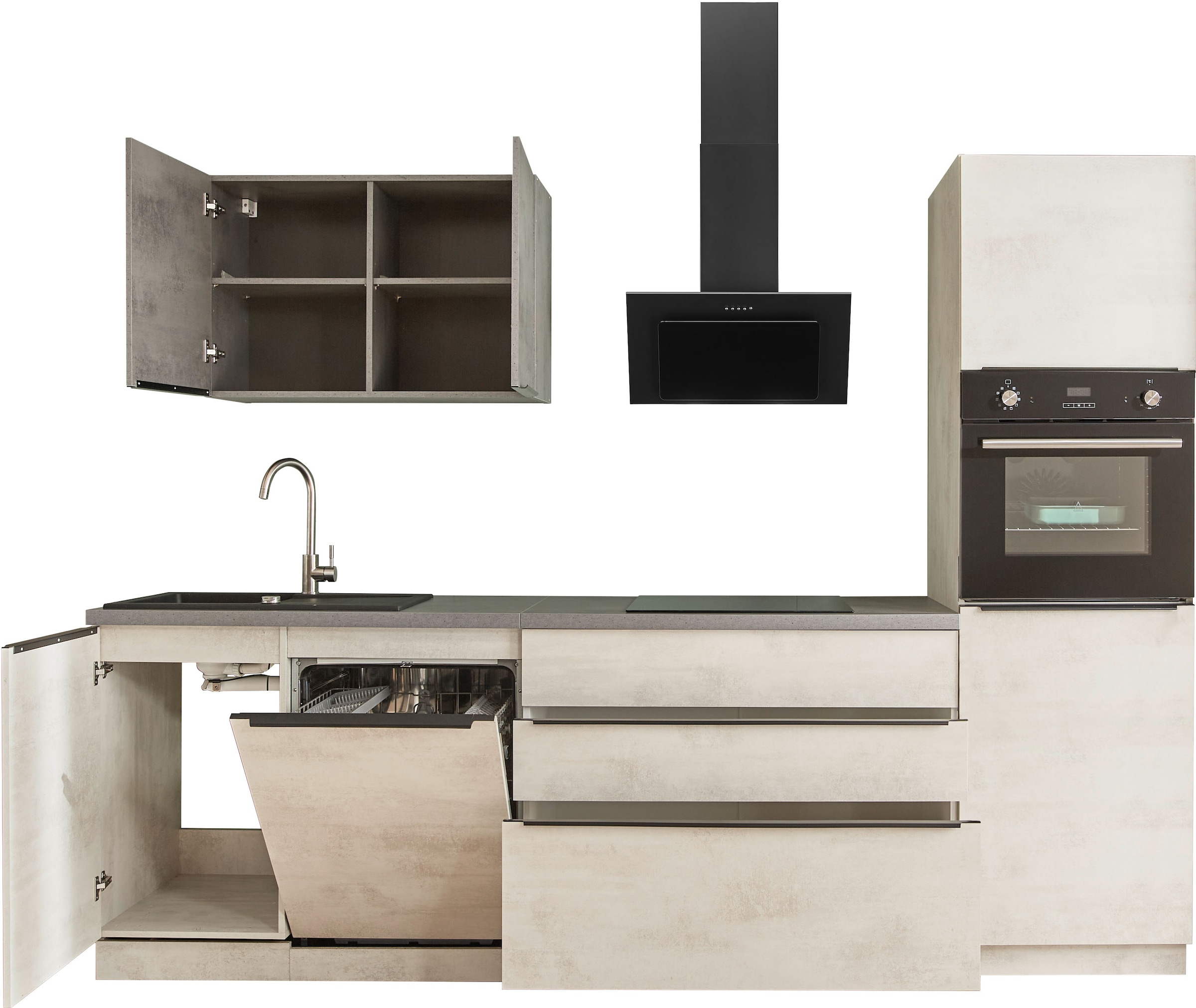 BASIC by Balculina Küchenzeile »Sanibel, Küche BxTxH 280x60x210 cm«, Breite 280cm, mit E-Geräten, Softclose für Türen und Schubkästen