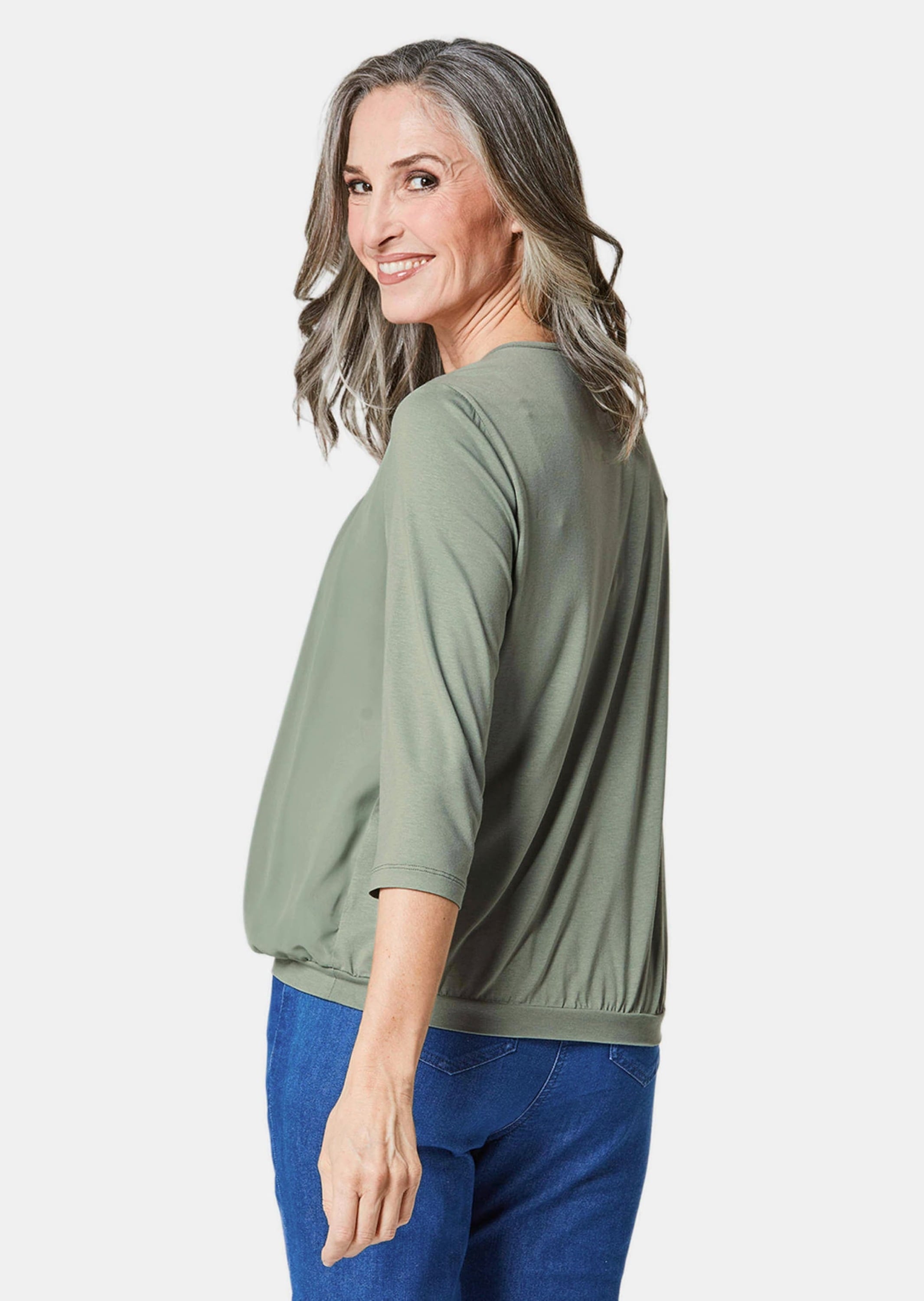 GOLDNER Kurzarmbluse »Kurzgröße Chiffon-Shirt mit 3/4-Arm, Rundhals«
