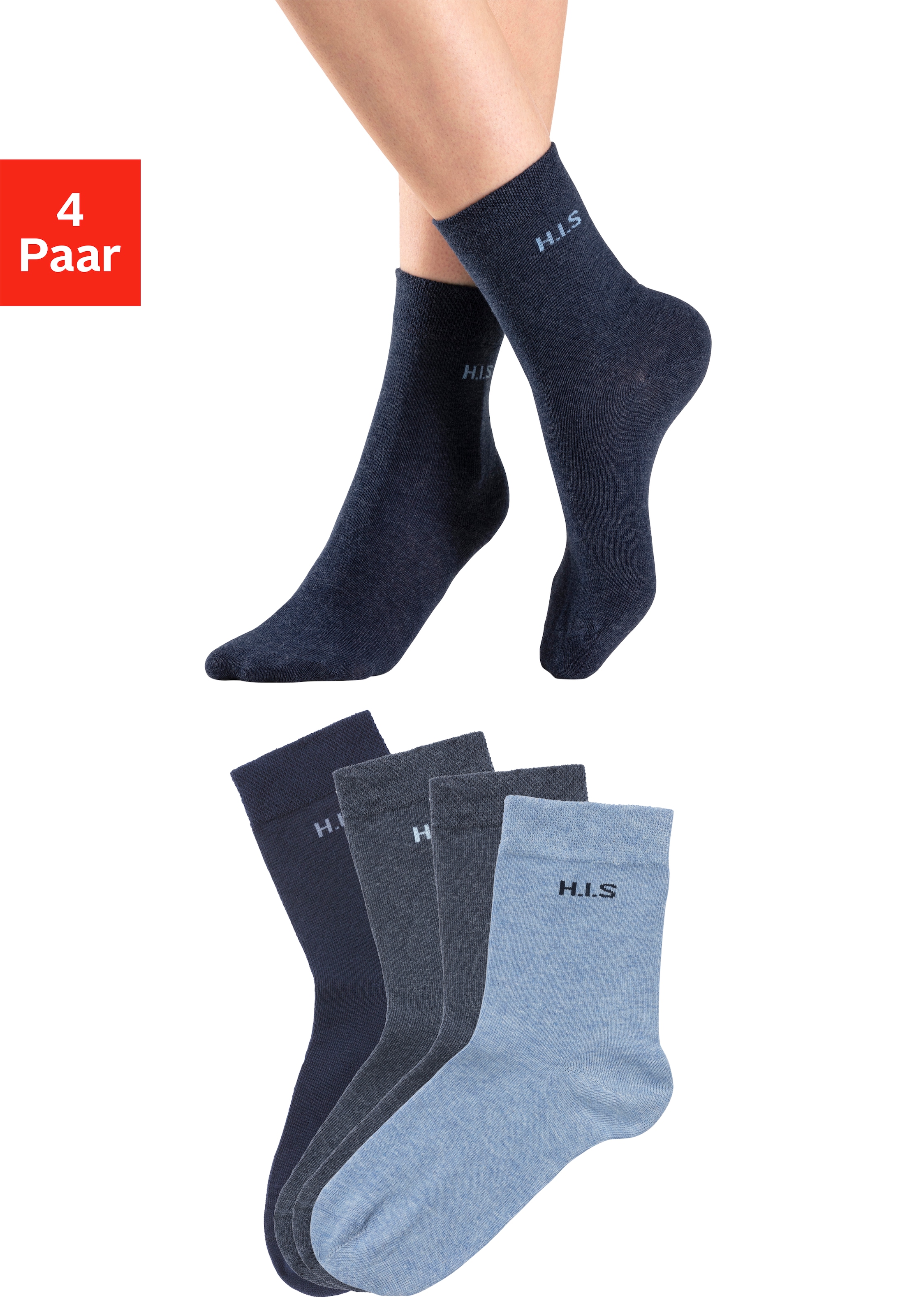 H.I.S Socken "Basic Damen Socken Strümpfe, mit Komfortbund Klassische Freizeitsocken" Packung, 4 Stk. tlg. ohne einschneidendes Bündchen