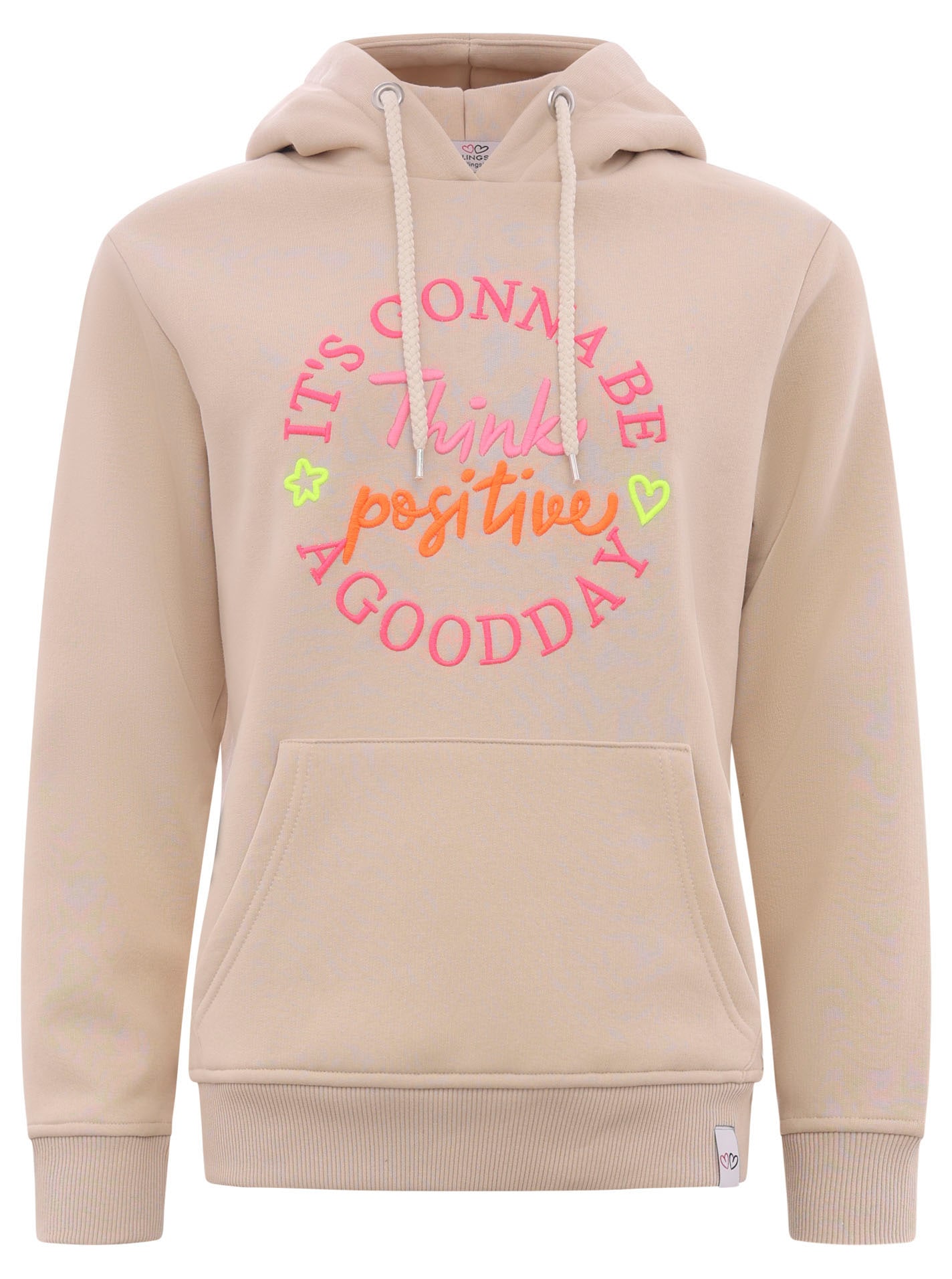 Zwillingsherz Sweatshirt, mit Kapuze und "Think positiv" Aufstick in Neonfa günstig online kaufen