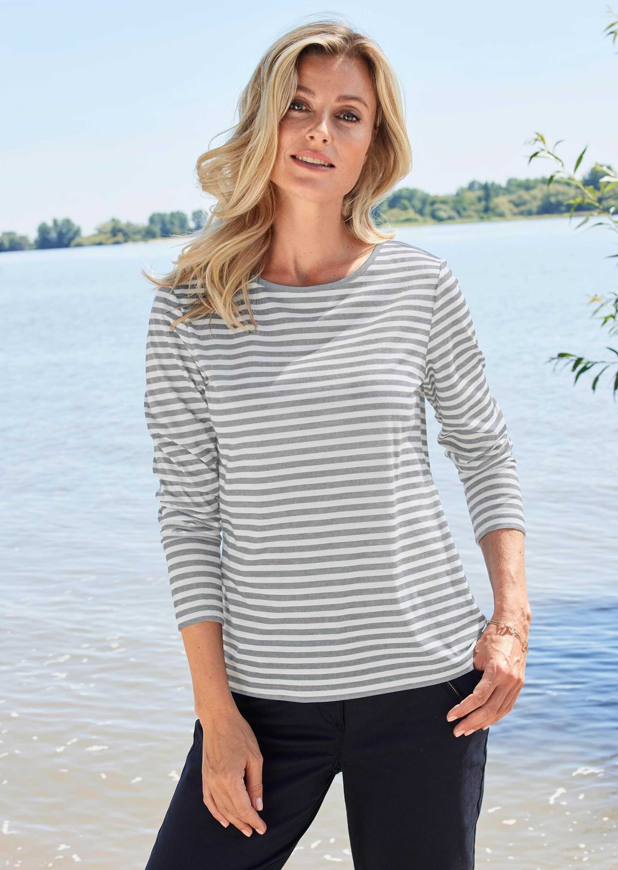 Longpullover GOLDNER "Kurzgröße Ringelshirt mit U-Boot-Ausschnitt", Damen, Gr. 24, beige (graumelange, cremeweiß, geringelt), Obermaterial: 92% Viskose CV. 8% Elasthan EL., Sonstiges, Pullover Longpullover, Ohne 3