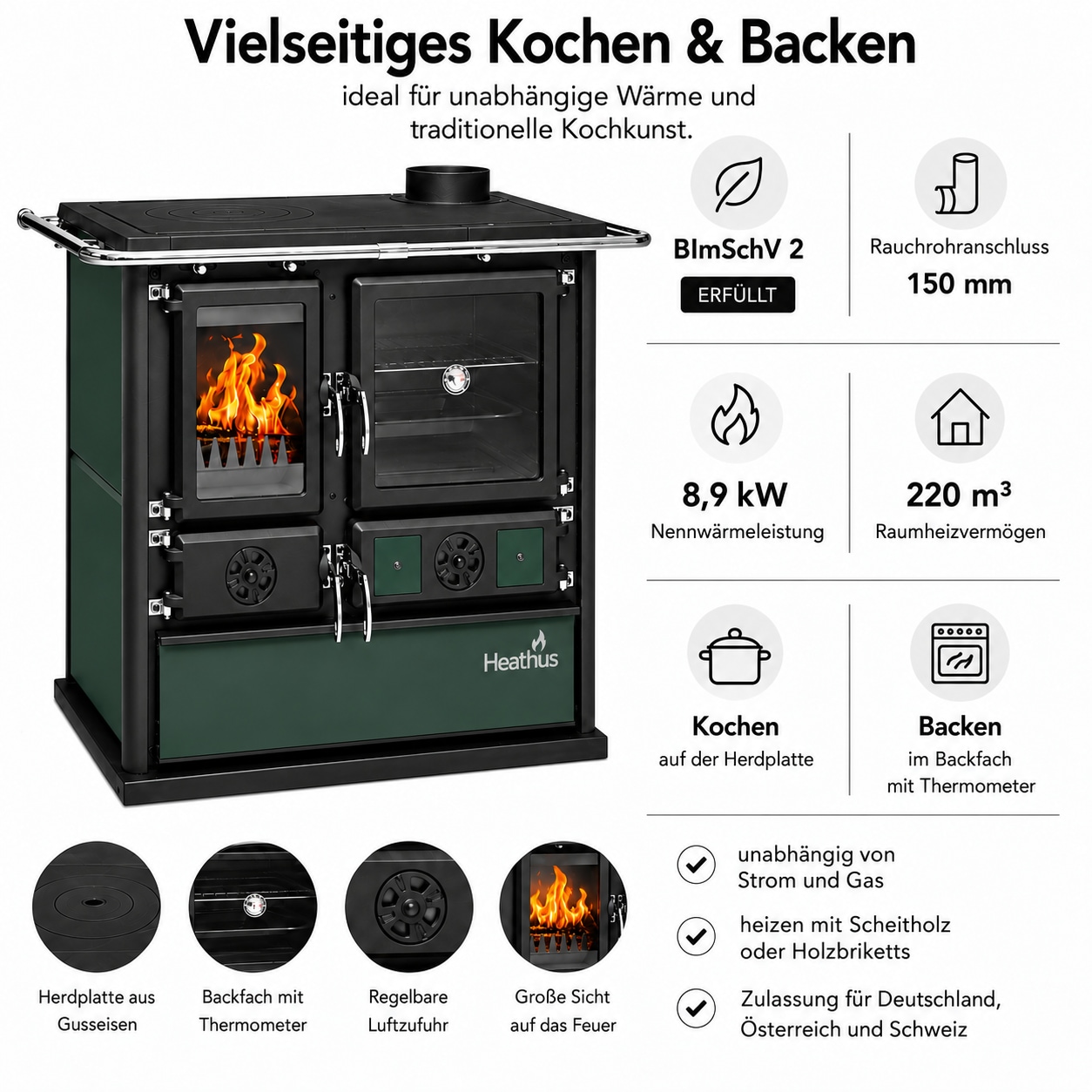  Festbrennstoffherd »Cook Premium Green Pepper, Exklusiv, Lieferung bis in die Küche« Großer Feuerraum