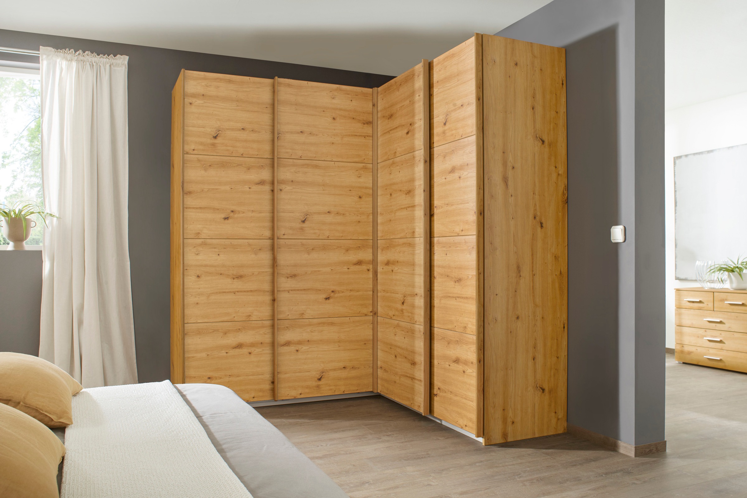 rauch Schwebetürenschrank "Schrank Garderobe Eckkleiderschrank QUADRA Front in Dekor/Hochglanz" in den Höhen 210/229 cm, inkl. Soft-Close-Funktion, großer Eckschrank mit viel Stauraum, Maß 181x187 cm MADE IN GERMANY