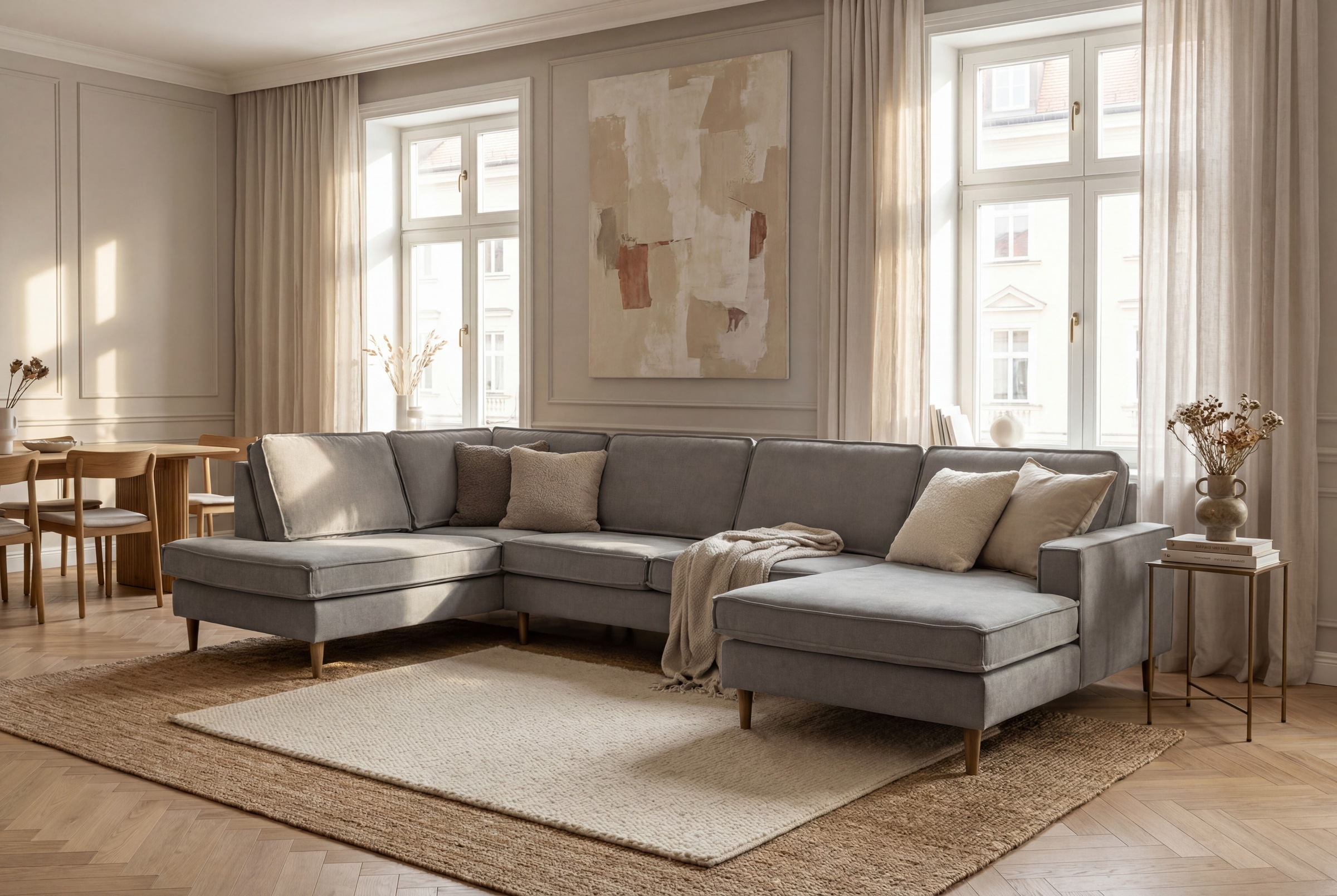 OTTO home Wohnlandschaft "Pinto Skandi, 350 cm, U-Form, XXL, mit Ottomanen" mit Keder, Massivholzfüße Eiche geräuchert, Wellenunterfederung