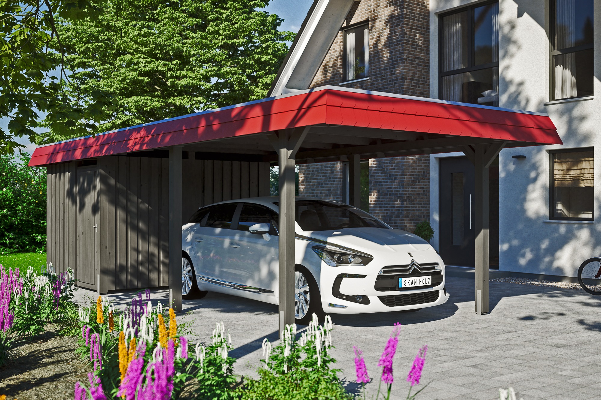Skanholz Einzelcarport »Wendland«, 291 cm, Schiefergrau, mit Abstellraum mit EPDM-Dach, rote Blende
