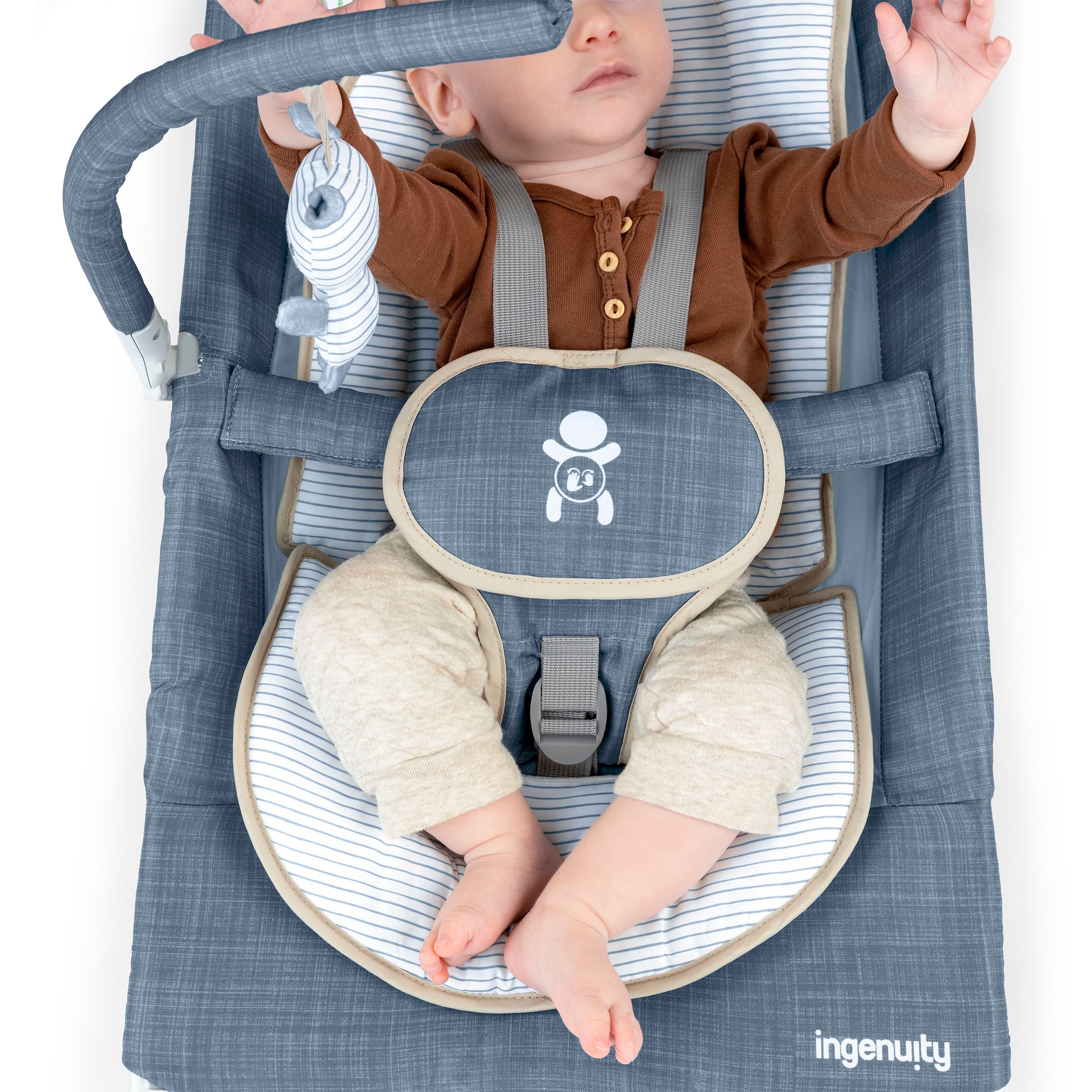 ingenuity Babywippe »Happy Belly™ Rock-to-Bounce Massage Seat - Chambray«, bis 9 kg, mit Melodien und Geräuschen