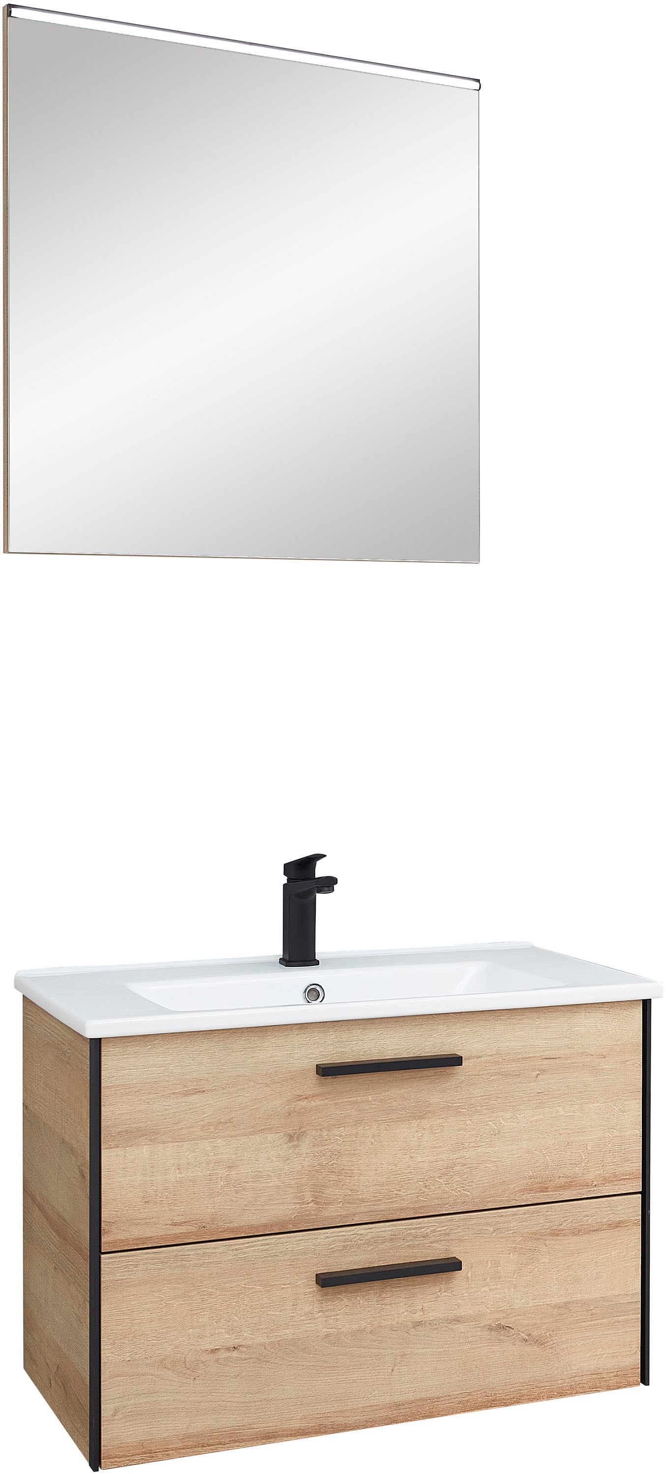 Saphir Badmöbel-Set »Quickset 395 2-teilig, Keramik-Waschtisch mit LED-Spiegel, 75 cm breit«, (2 St.), Waschplatz mit 2 Schubladen, Riviera Eiche quer Nachbildung, Bad-Set
