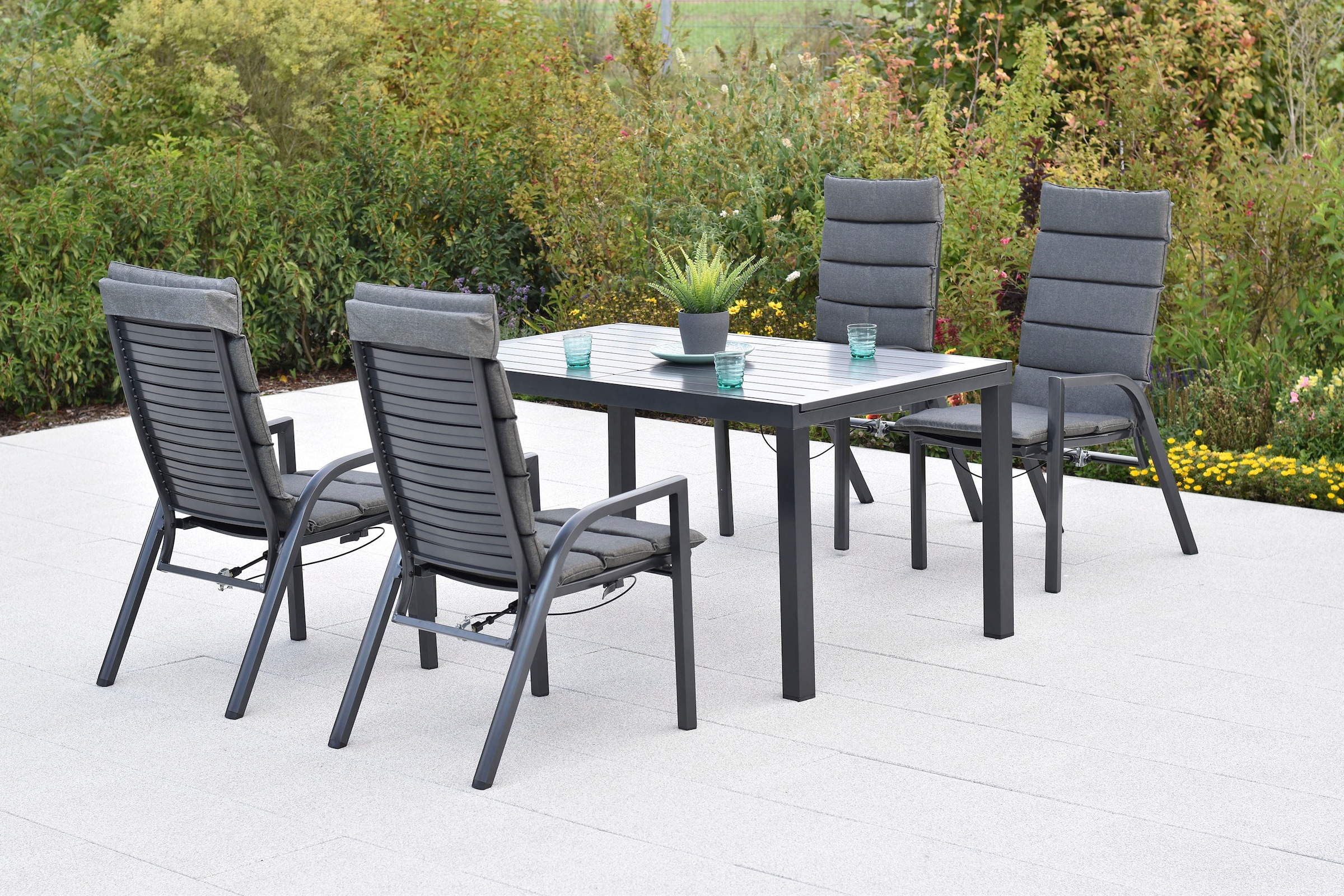 MERXX Garten-Essgruppe »Siros« Set, 9 tlg. inkl. 4 Sessel, 4 Auflagen, 1 Ausziehtisch
