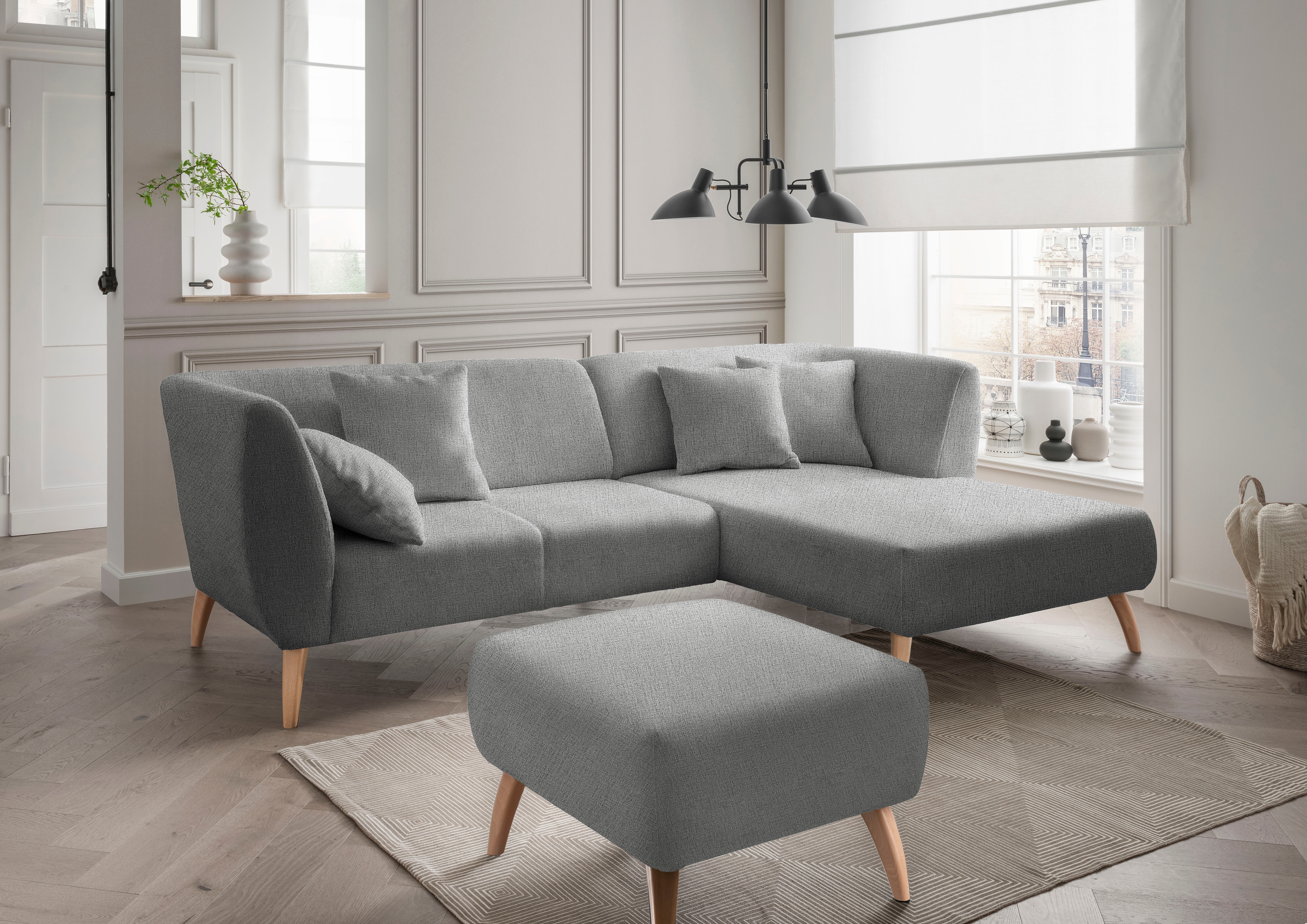 Home affaire Ecksofa "Lazio modern und bequem, schmale Armlehnen, tolle Detailverarbeitung" Holzfußfarbe wählbar, inkl. 4x Zierkissen
