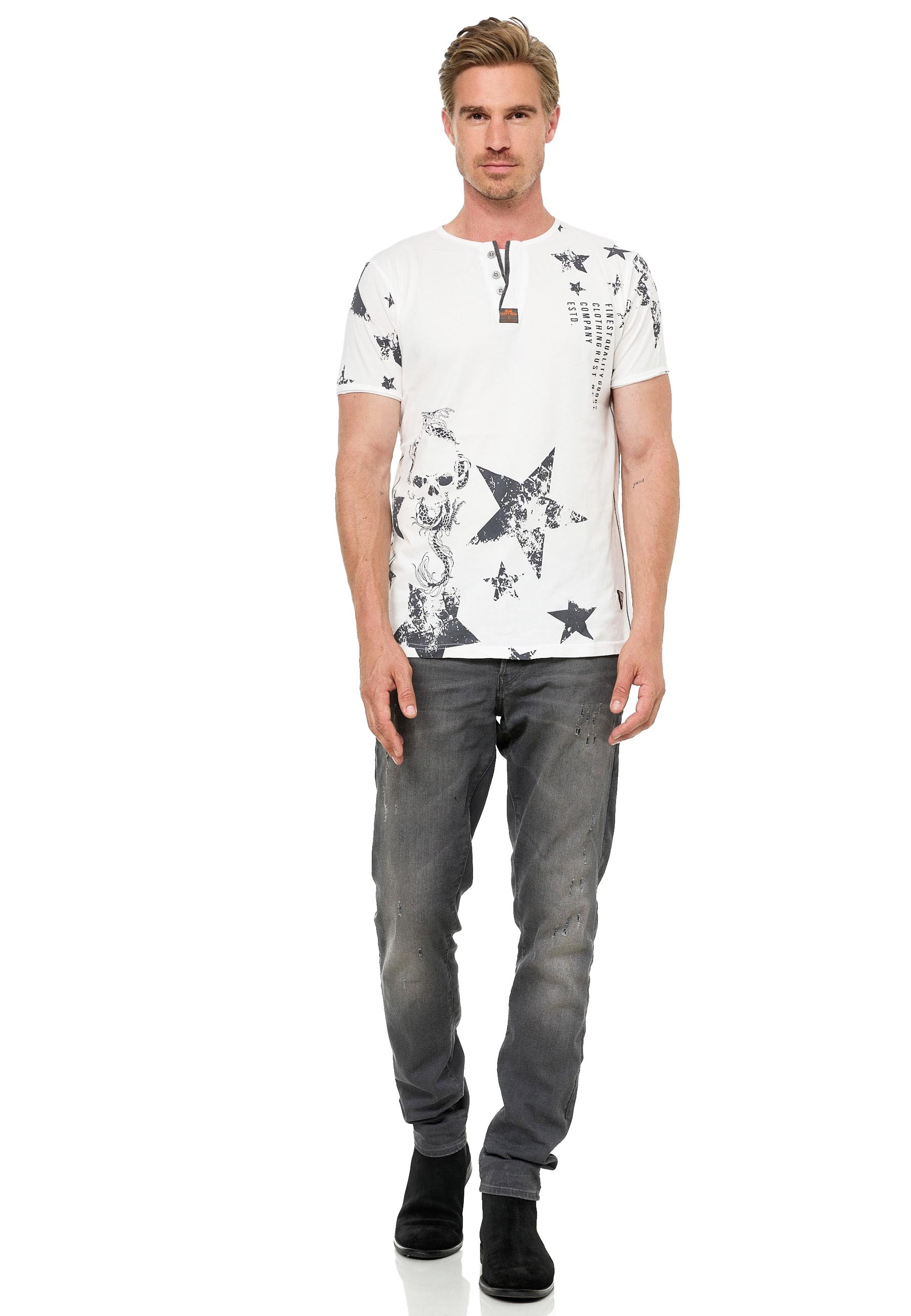 Rusty Neal T-Shirt, mit Skull-Print und Knopleiste