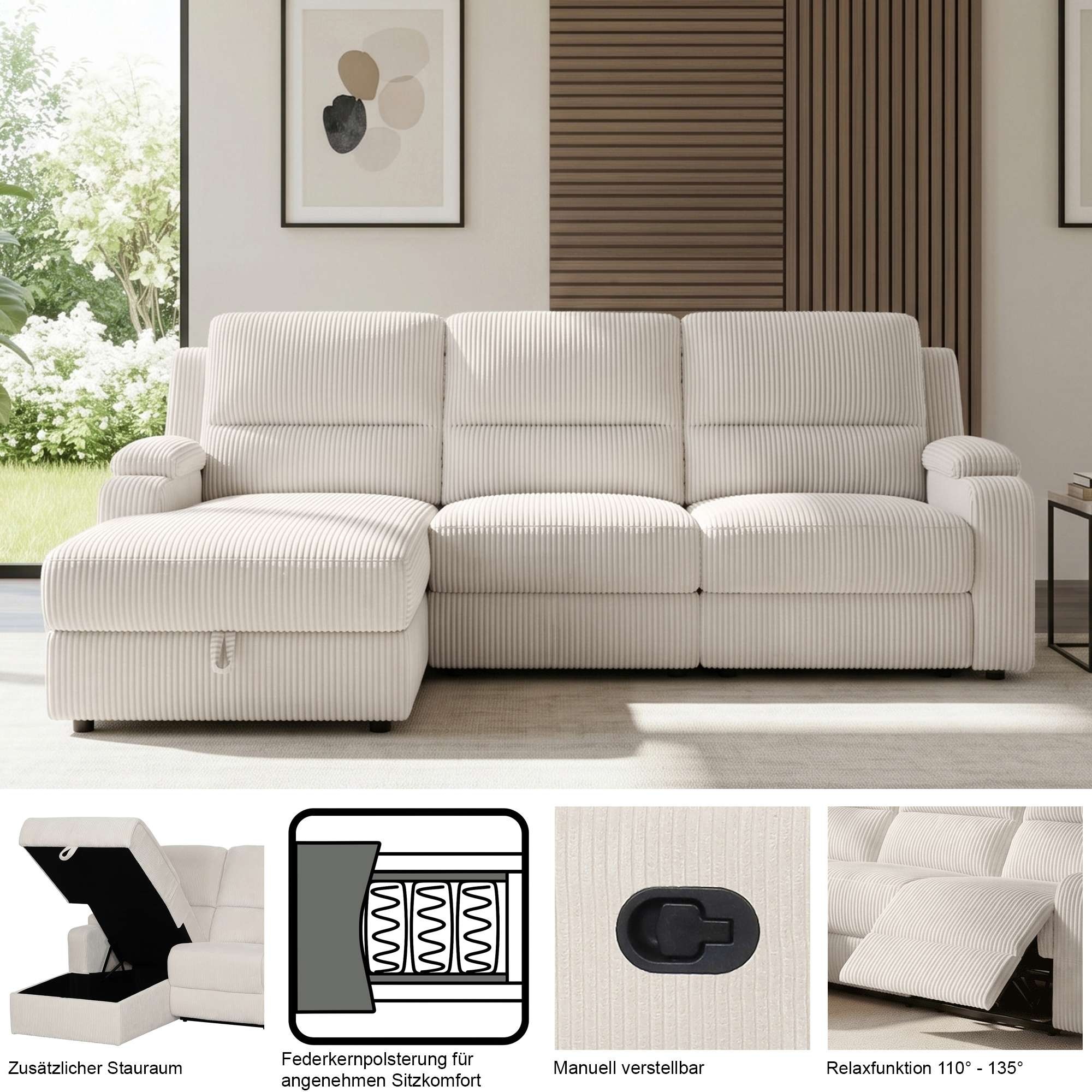OTTO home Ecksofa »NAPORI Struktur, Multimediasofa, L-Form« man. oder elektr. Relaxfuntion, USB-A bei elektr. Variante, Staukasten