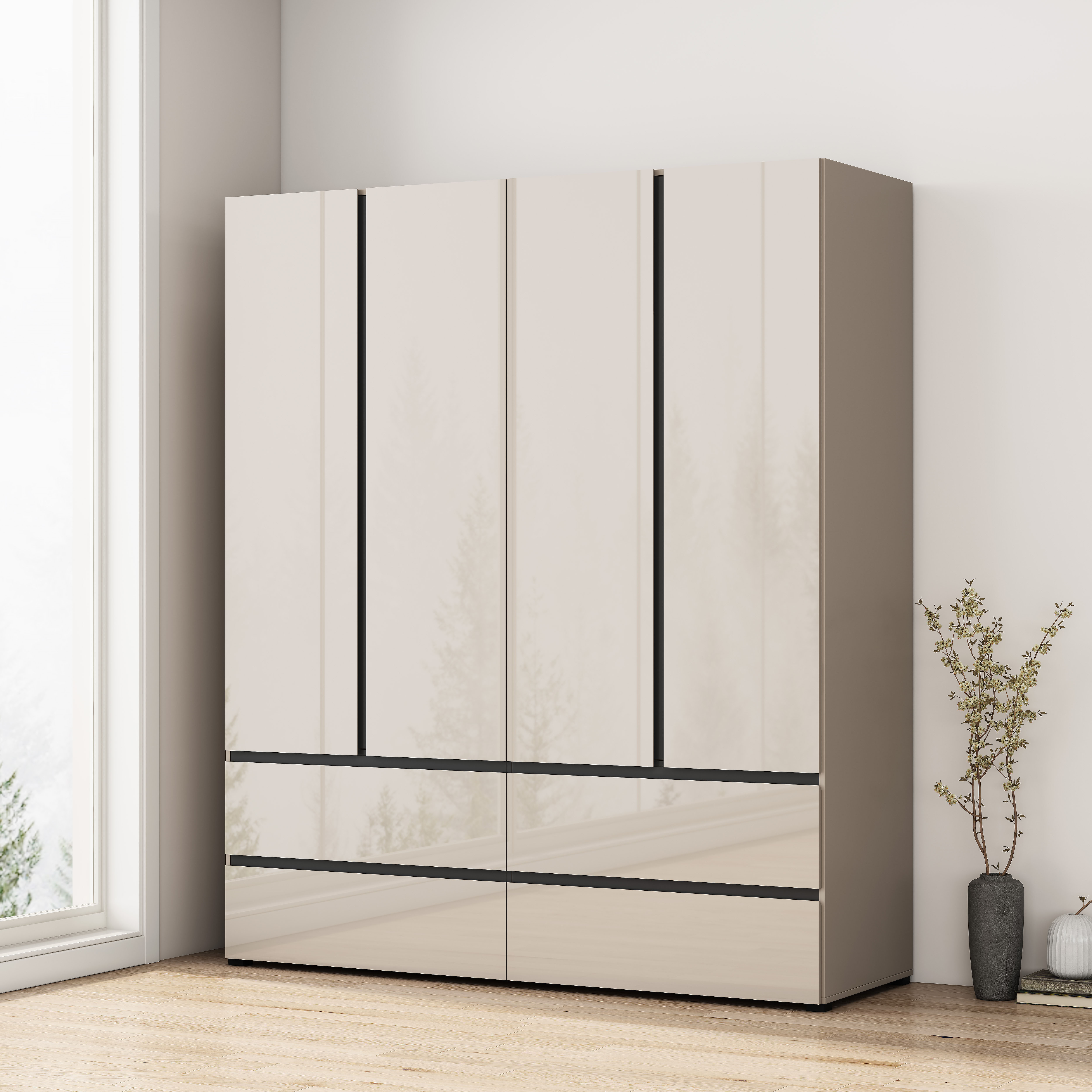 OTTO home Kleiderschrank "Kollin Schlafzimmerschrank mit 4 Türen und 4 Schubladen Garderobe" Drehtürenschrank mit perfekter Innenausstattung, hochglanz Fronten