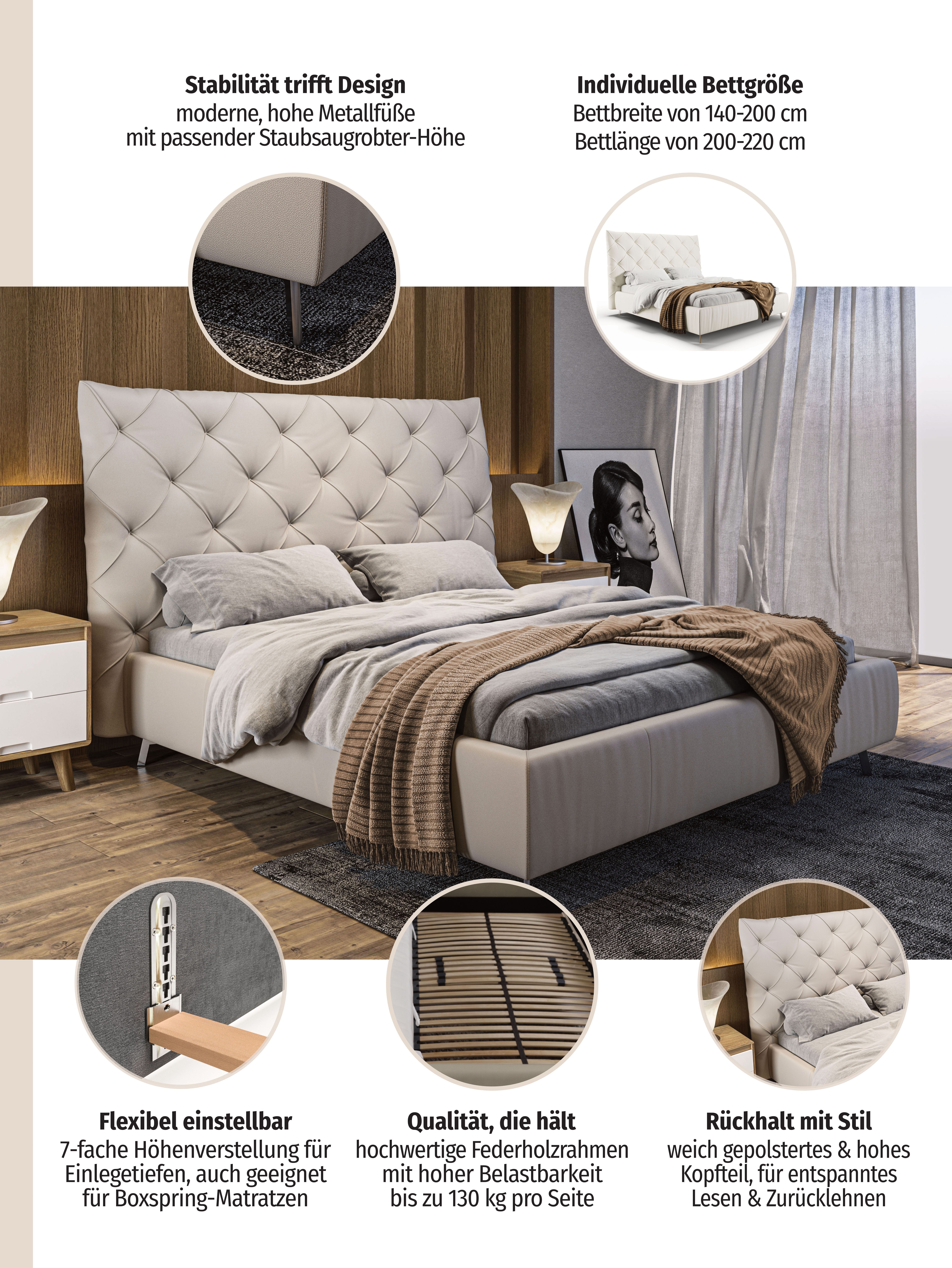 Thumbnail - Home affaire Polsterbett "Maxime, in 4 Breiten bis 200cm, auch in Leder" Kopfteilhöhe 143 cm, belastbar bis 280 kg, auch...