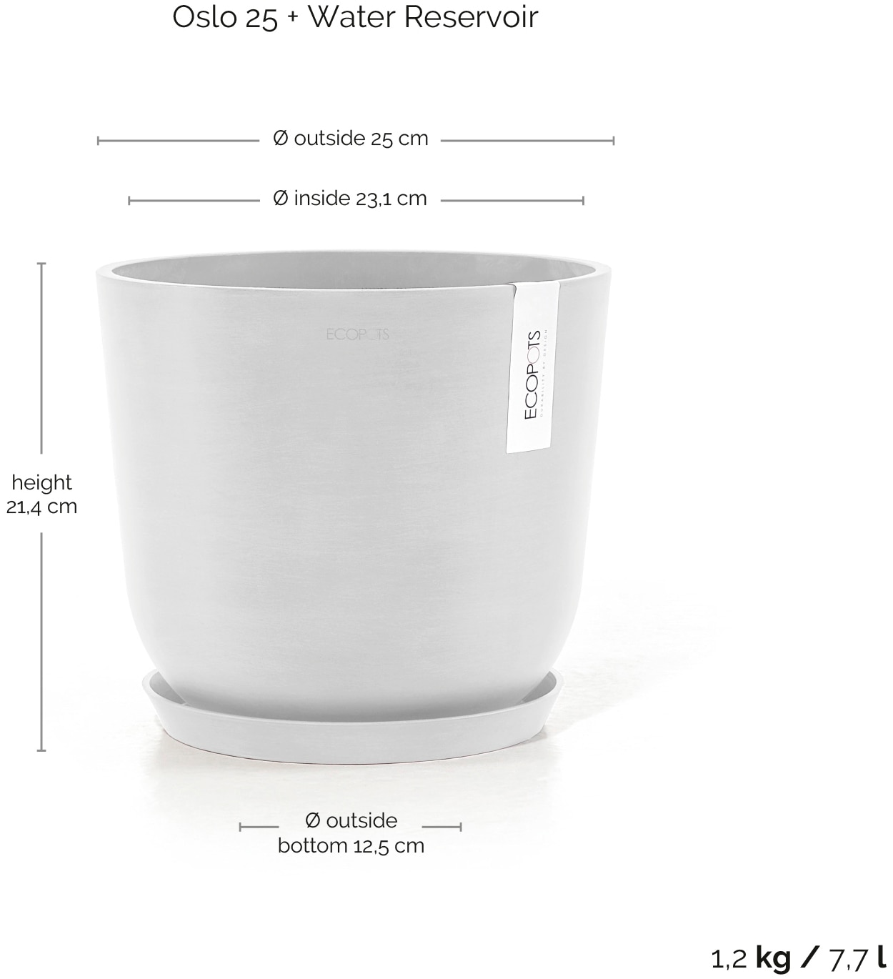 ECOPOTS Blumentopf »Oslo 25 + Wassersystem Weiß«, für innen und außen: frostsicher, bruchsicher und lichtbeständig