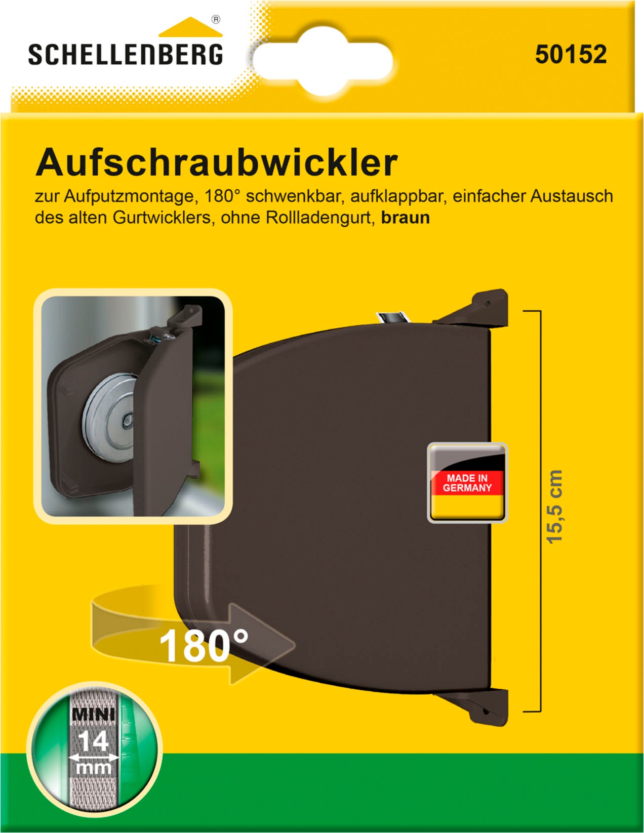 SCHELLENBERG Aufputz-Gurtwickler "Aufschraubwickler für das Rollladensystem Mini", 1 Stk., braun, Gurtwickler, aufklappbar, mit festem Lochabstand,