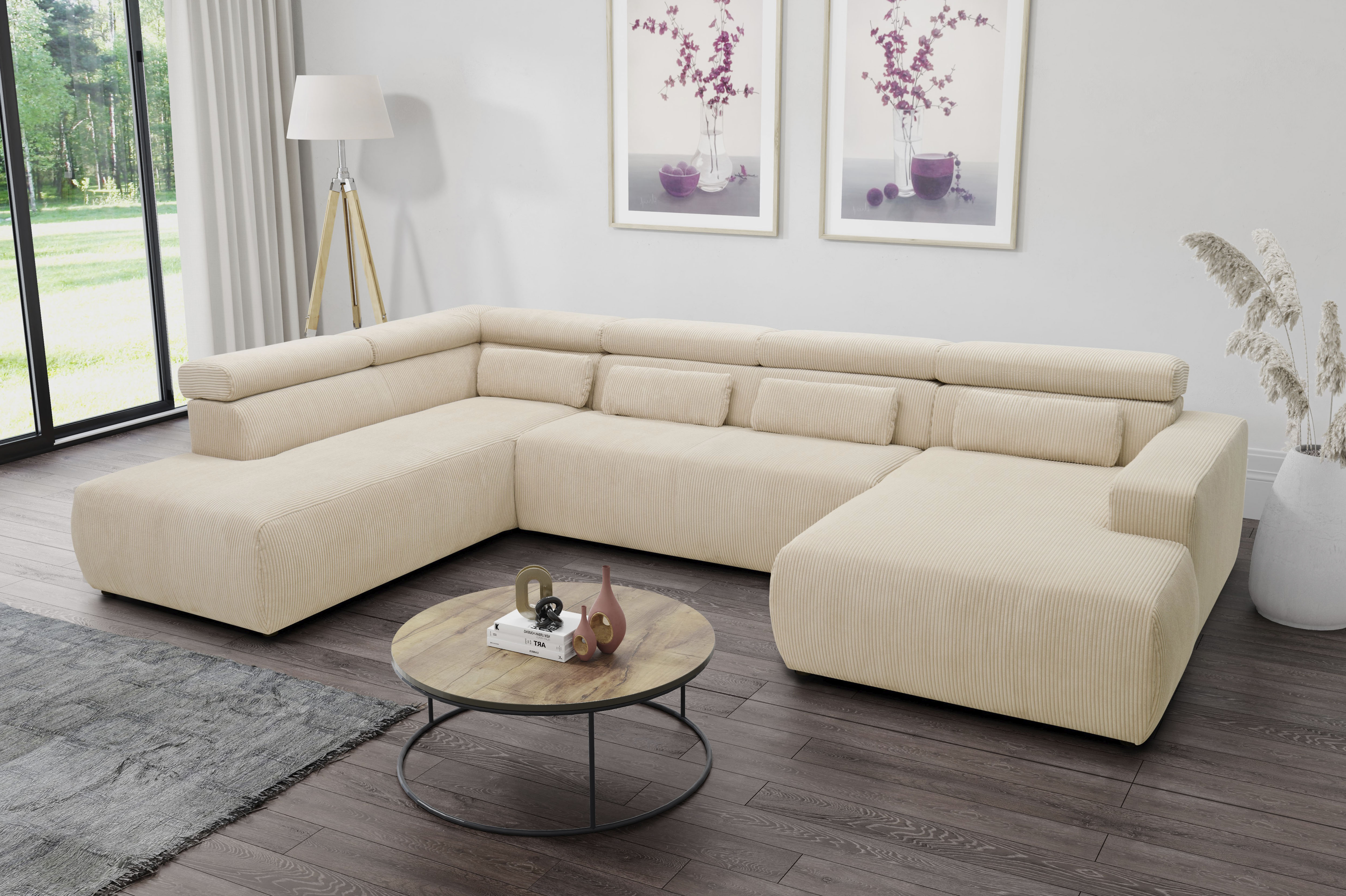 DOMO collection Wohnlandschaft "BRANDON whlw. mit Sitztiefenverstellung, whlw. Nierenkissen" ohne Sitztiefenverstellung, Cord, creme