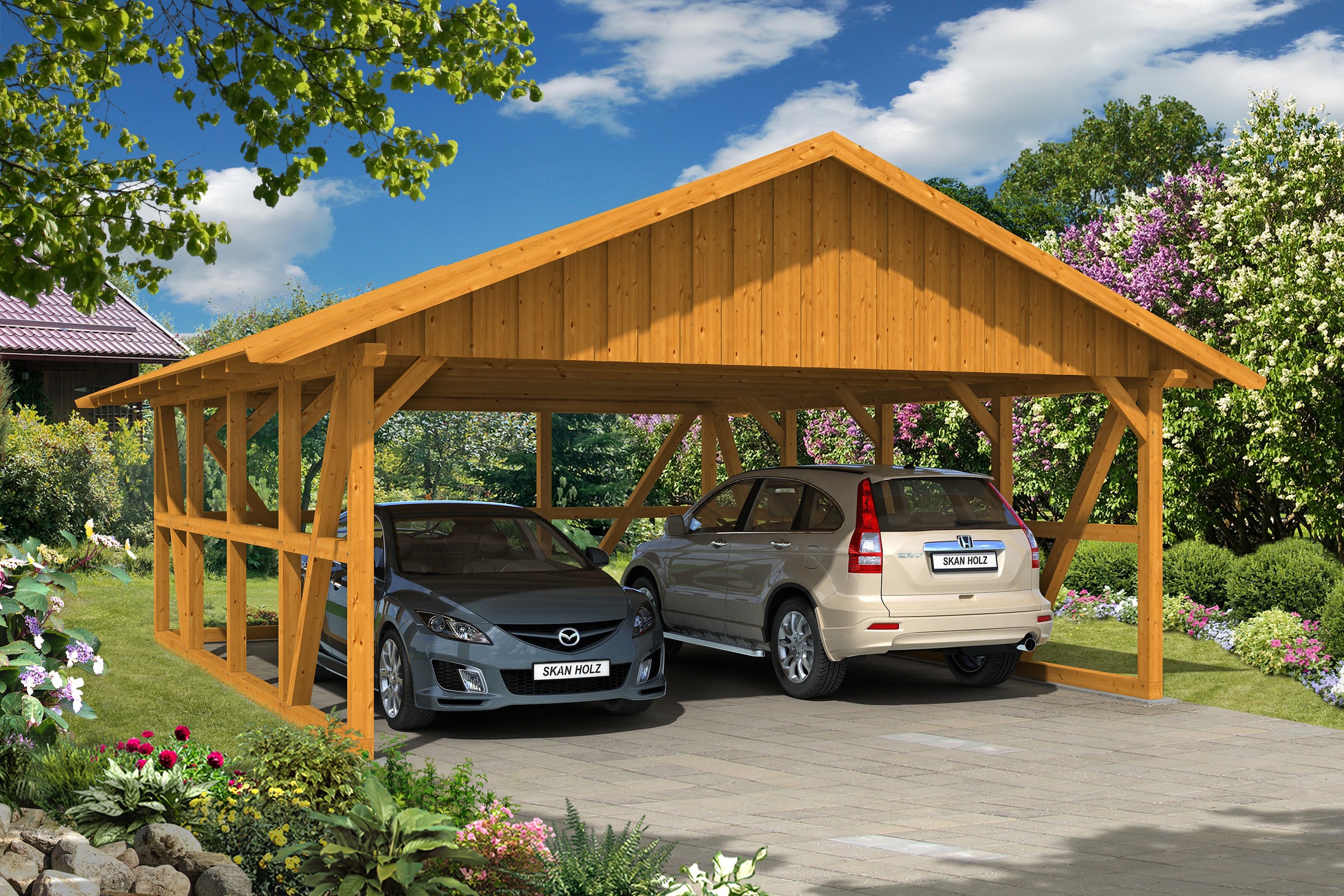 Skanholz Doppelcarport »Schwarzwald«, 560 cm, Eiche hell, mit Rückwand, mit Dachschalung