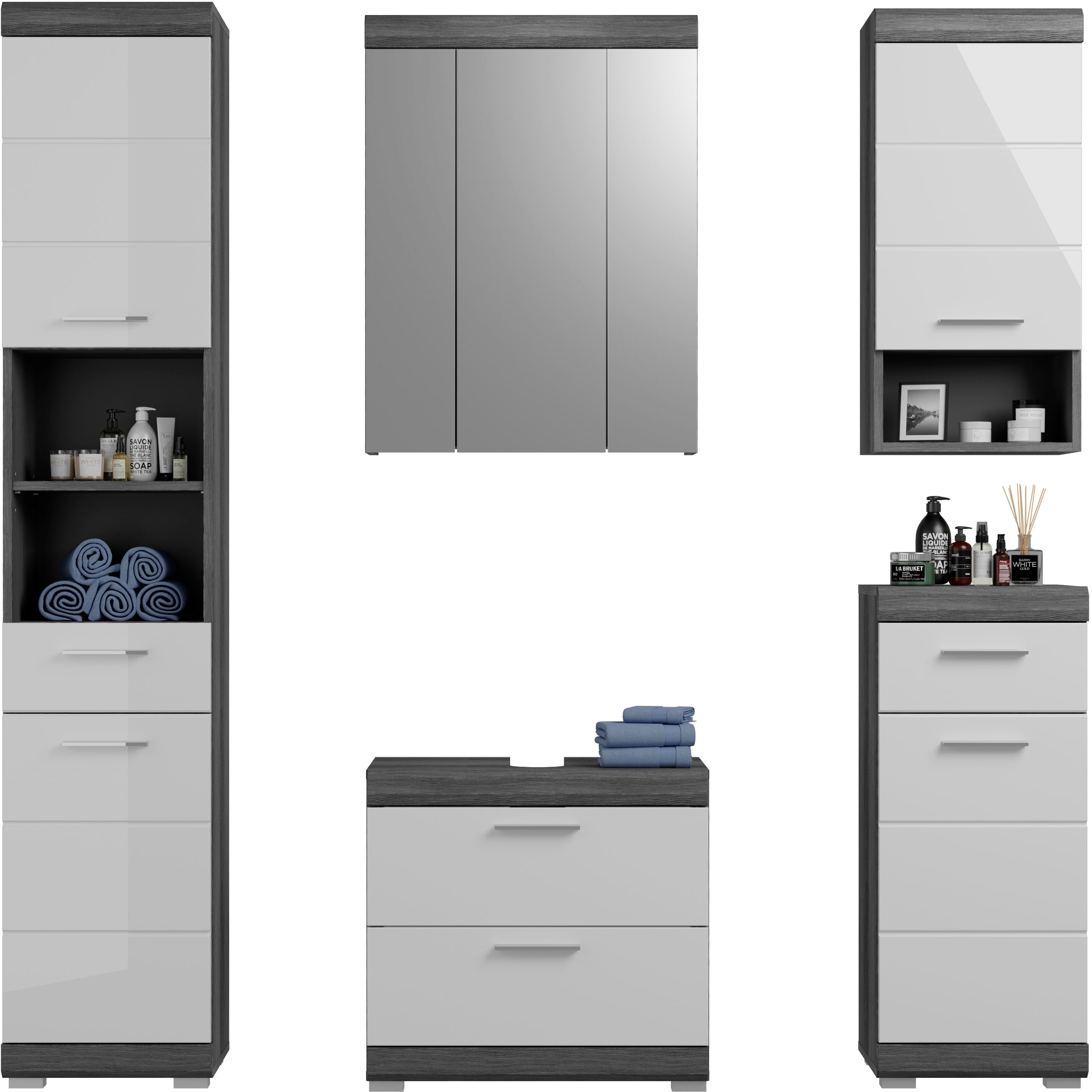 Thumbnail - INOSIGN Badmöbel-Set "Siena, 5 teilig, bestehend aus:", (Set, 5 St., TOPSELLER), Hochschrank, WBU, Spiegelschrank, Unter...