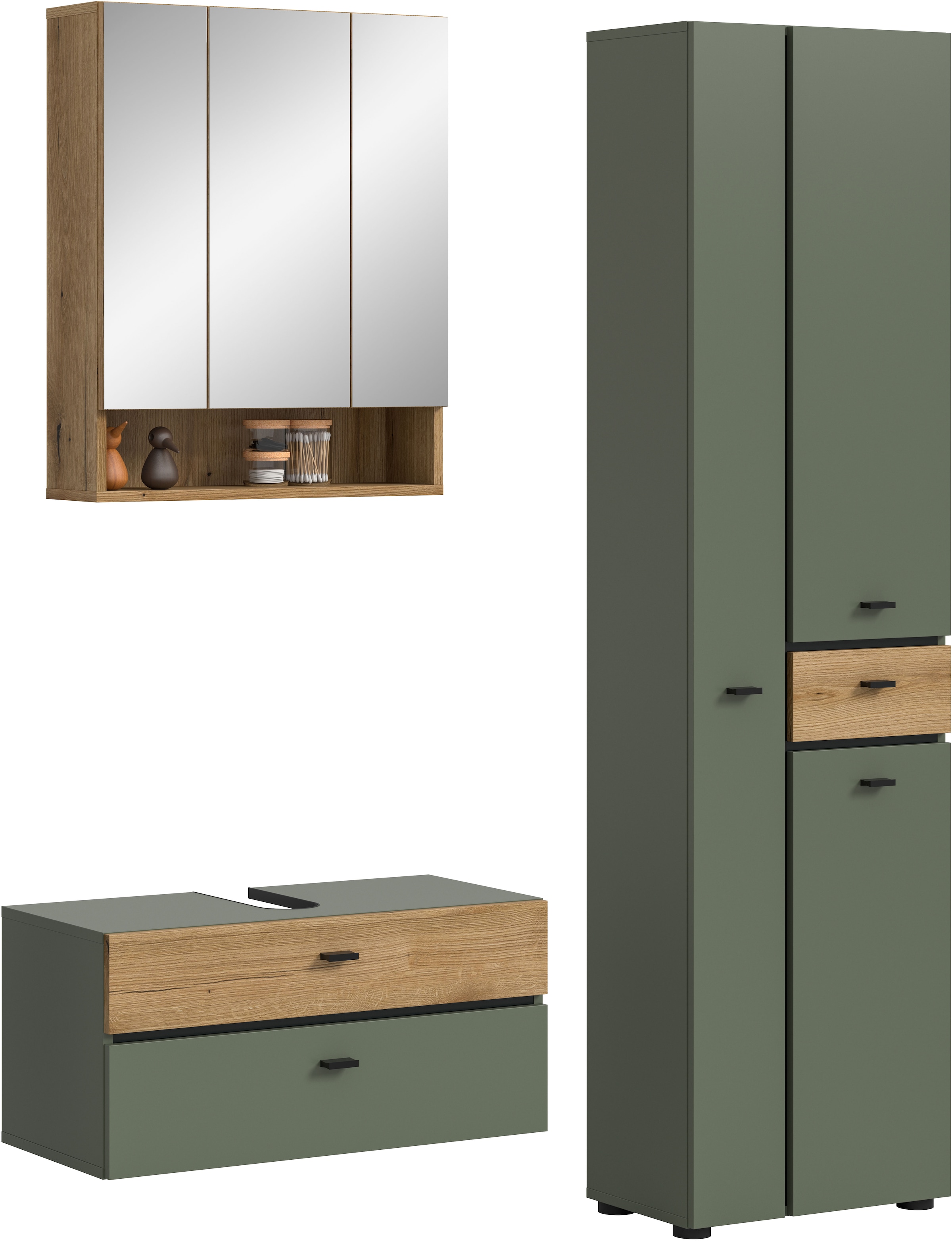 welltime Badmöbel-Set "VANN, 3-teilige moderne Badkombination, individuell stellbar" 1x Waschbeckenunterschrank, 1x Spiegelschrank, 1x Hochschrank, 3 Stk. tlg.