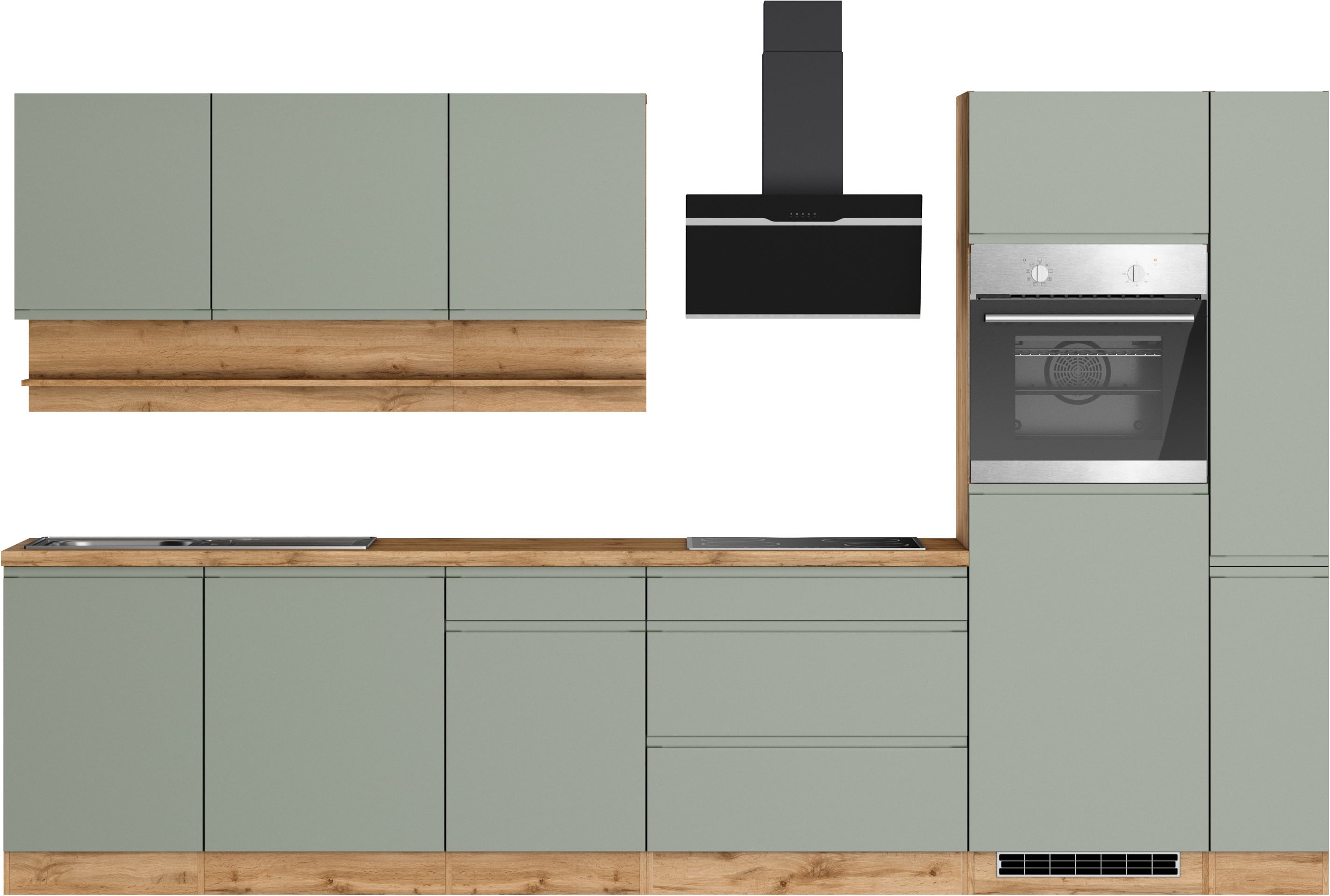 KOCHSTATION Küchenzeile "KS-Virginia,neu in verbesserter Ausführung" Arbeitsplatte 38 mm stark, Stauraum, Softclose, Breite 330 cm, Soft-Close, ohne E-Geräte