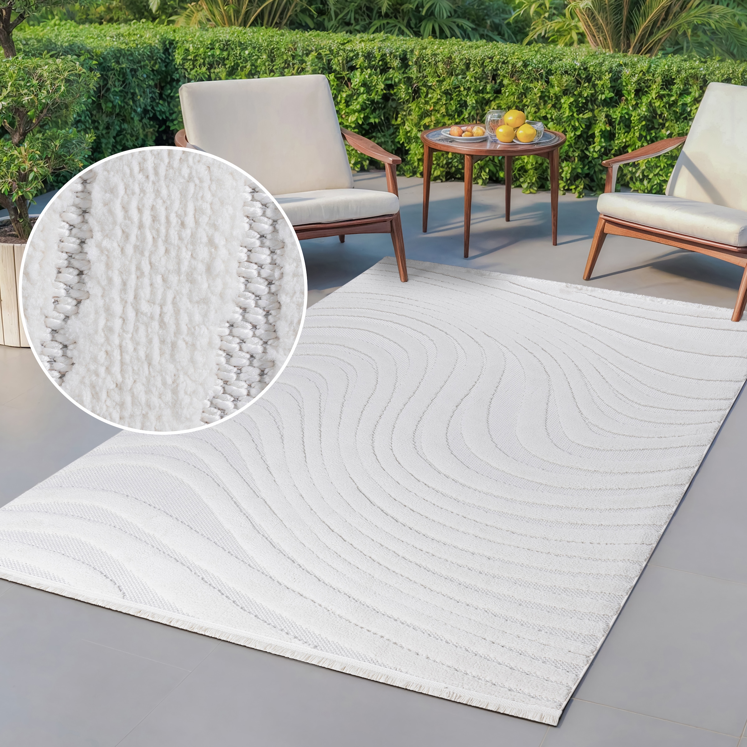 OTTO home Teppich »Samelia mit Fransen, Balkon, Camping«, rechteckig, 6 mm Höhe, Hoch-Tief-Struktur, In- und Outdoor geeignet für Küche oder Esszimmer