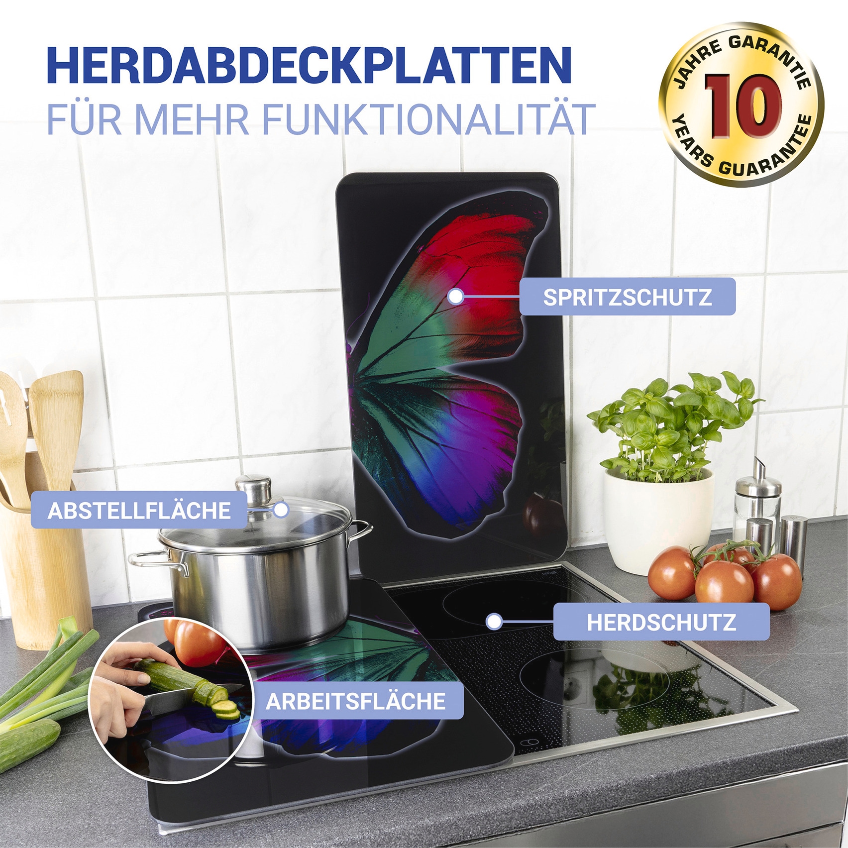 WENKO Herd-Abdeckplatte »Universal Modell Butterfly by Night«, (Set, 2 tlg.), Herdabdeckung für alle Herdarten, kratzfest, mit rutschfesten Füßen