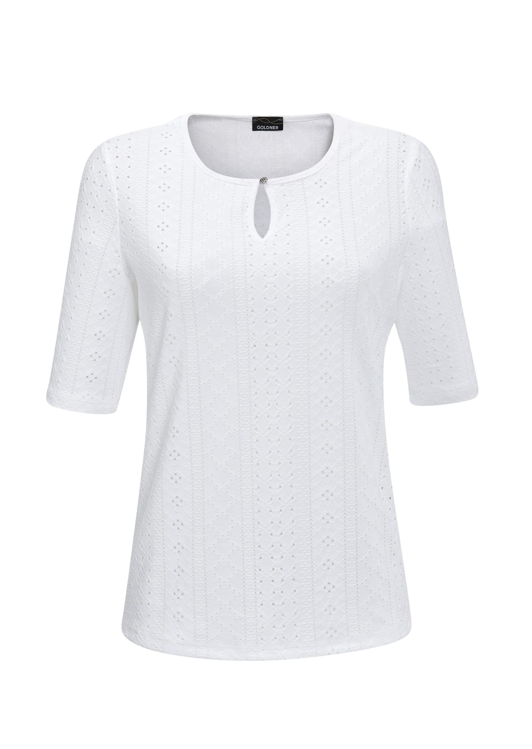 GOLDNER Kurzarmshirt "Stretchshirt mit floralem Muster" Mit kleinem Schlitz und schönem Knopf am Rundhals