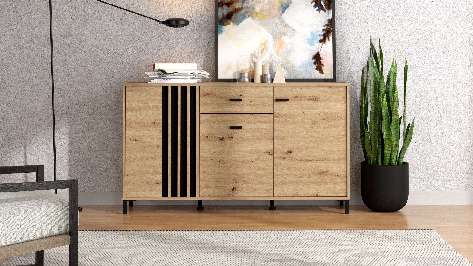 Home affaire Sideboard "LAVAL, Kommode, Kombikommode, Anrichte, Schrank" Modernes Sideboard in Artisan, 3 Türen & 1 Schublade, Lamellen-Optik