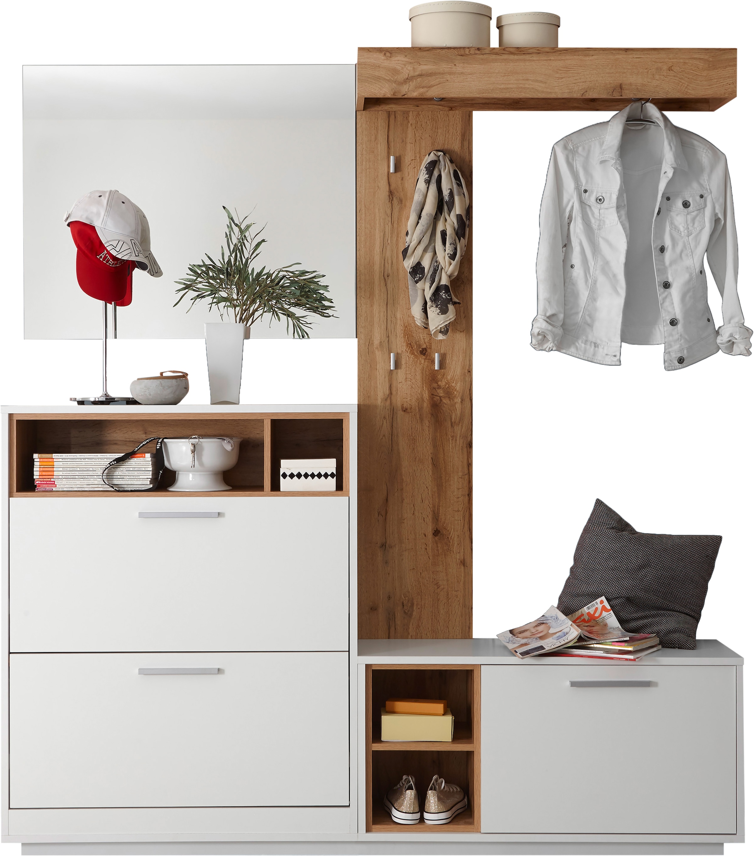 HBZ Kompaktgarderobe »Milano mit Spiegel, BxHxT 177x195x32 cm«, (1 St.), Mit Schuhkommode, Paneel, Bank und Spiegel