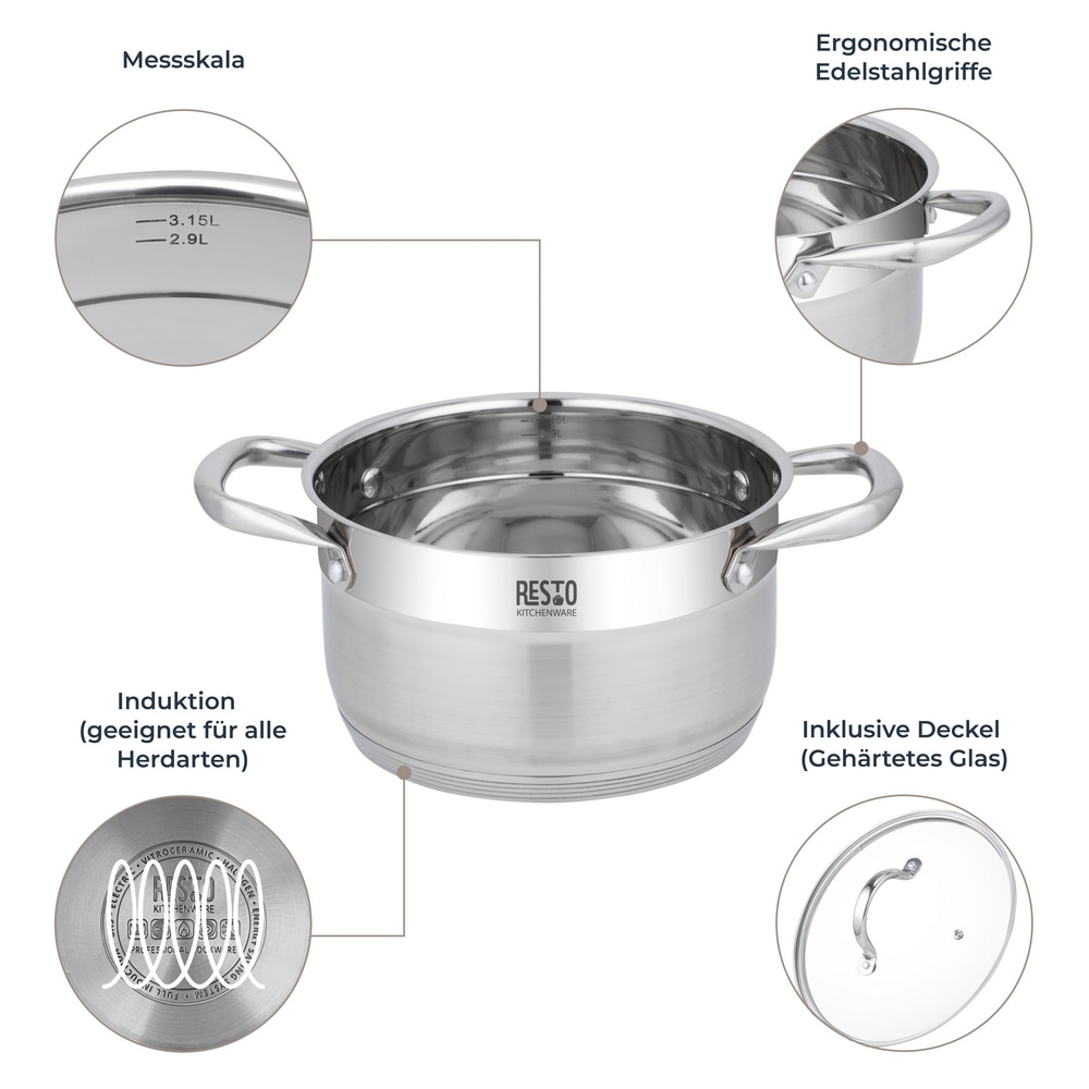 RESTO Kitchenware Kochtopf »Rigel, Topf energiesparend und spülmaschinenfest«, Edelstahl 18/10, (2 tlg.), mit hitzebeständigem Glasdeckel, im Geschenkkarton