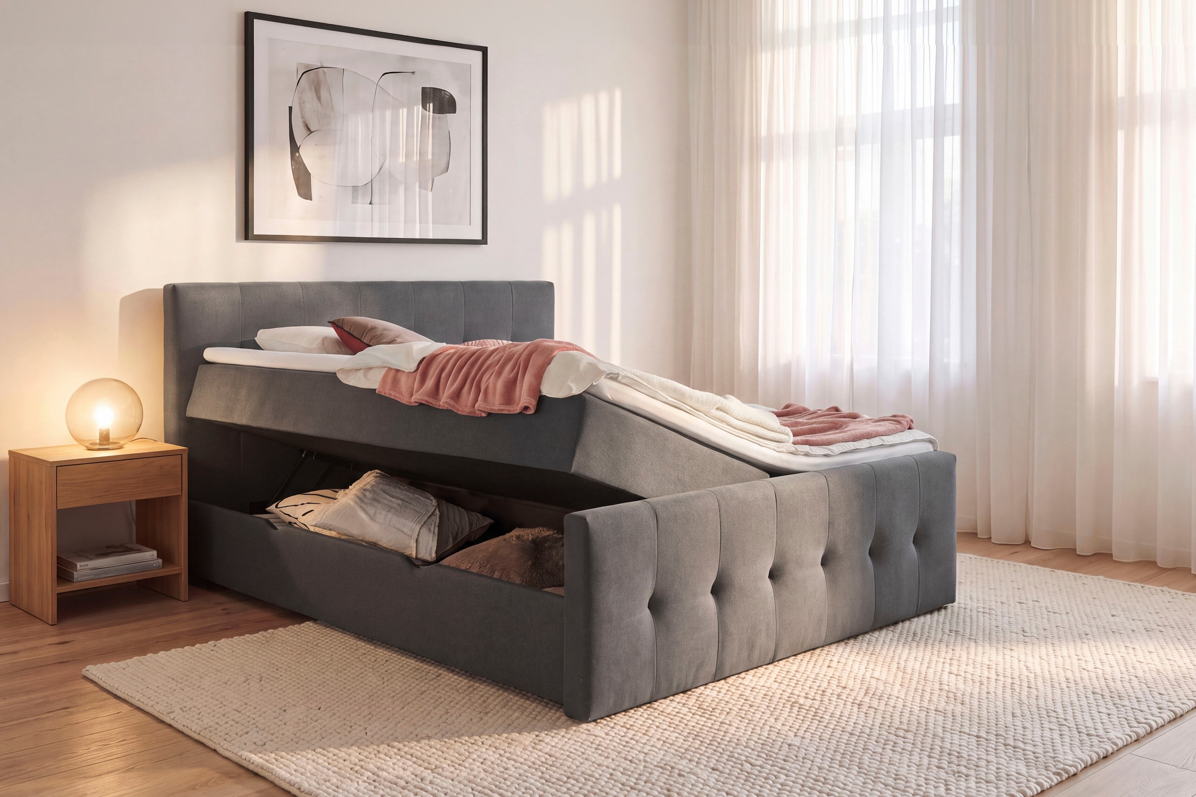 Home affaire Boxbett »TESSAJA, Polsterbett mit Bettkasten, inkl. Taschenfederkernmatratze H3« mit Anti-Slip-Topper, Strukturstoff-Bezug, Liegefläche 180x200 cm