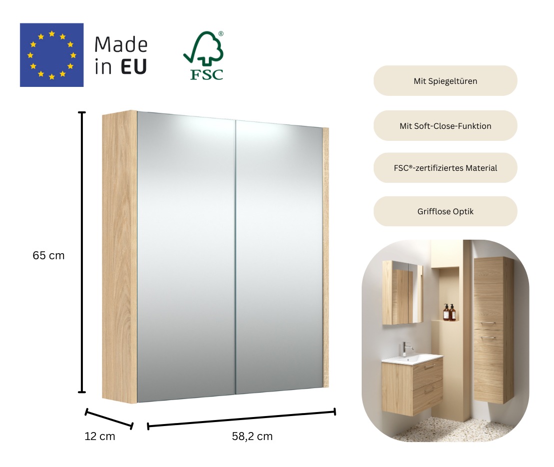 Thumbnail - welltime Spiegelschrank "Scandic" verspiegelt, mit Soft-Close-Funktion, verschiedene Breiten, FSC
