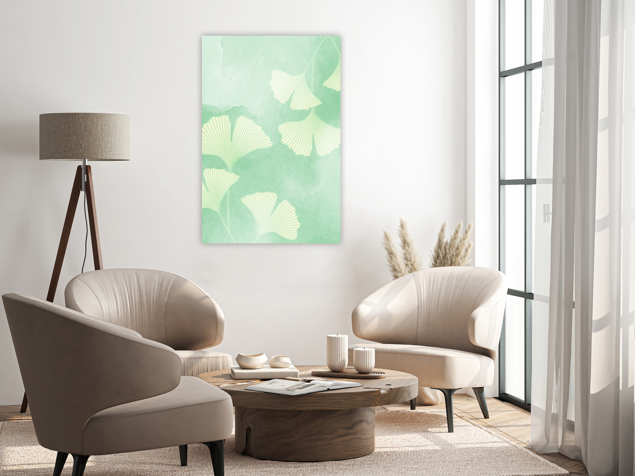 queence Leinwandbild »Gingko in Grüntönen, Canvas Bild von Hand bespannt« 1 Stk. tlg. Zeitlose Ginkgo-Motive in hellen Farben