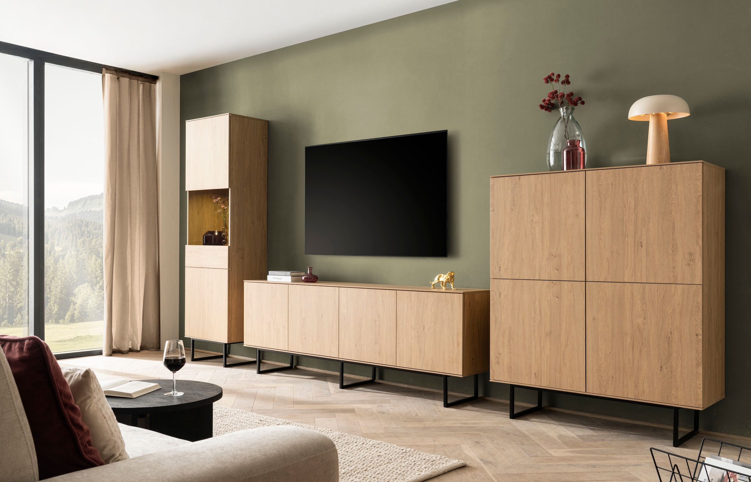 Home affaire Wohnwand »Lund, moderne Anbauwand, Wohnzimmer-Set in Stone Oak«, (3 St.), enthält Vitrine, Lowboard und Higboard