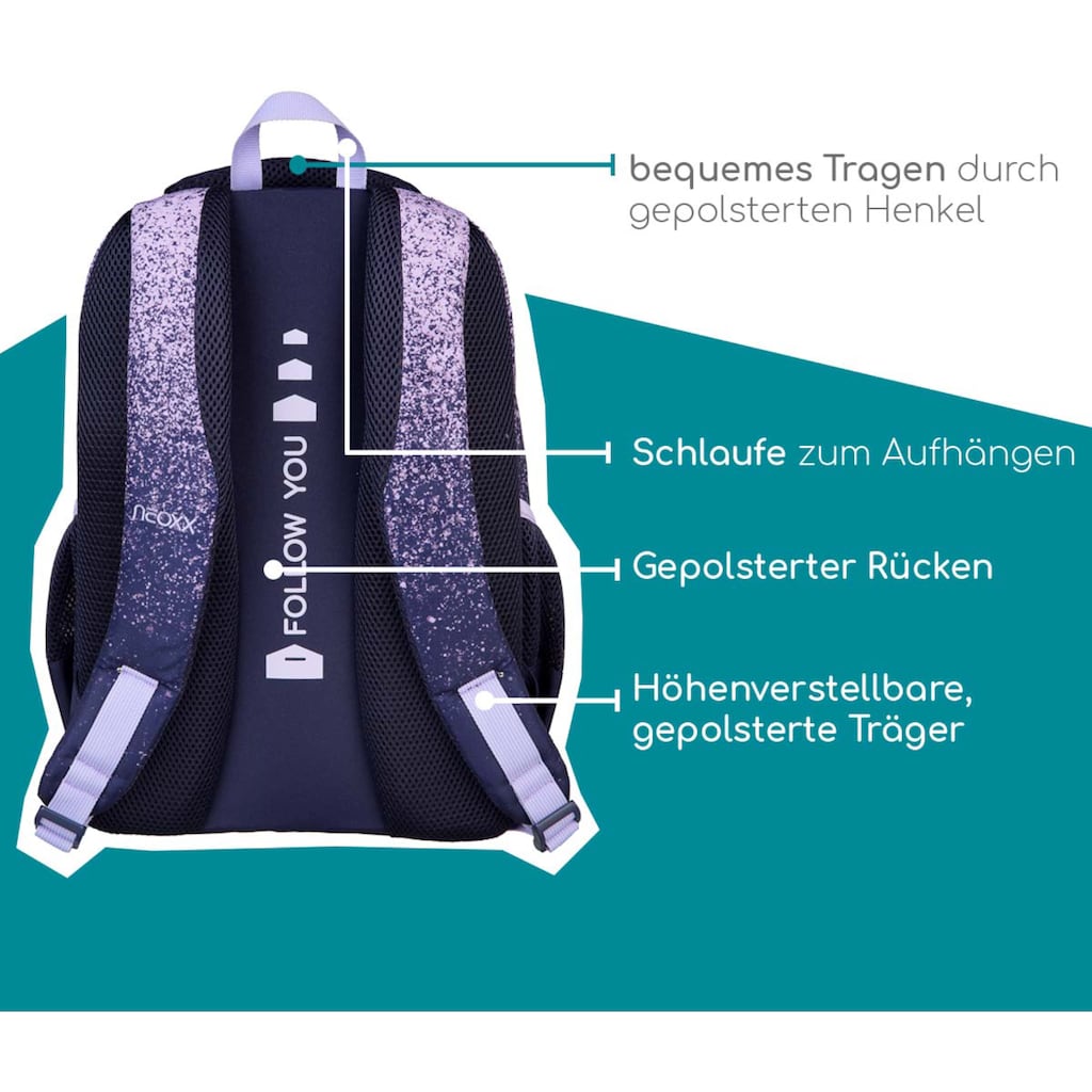 neoxx Schulrucksack »Fly, Glitterally perfect«, Reflektionsnaht, aus recycelten PET-Flaschen