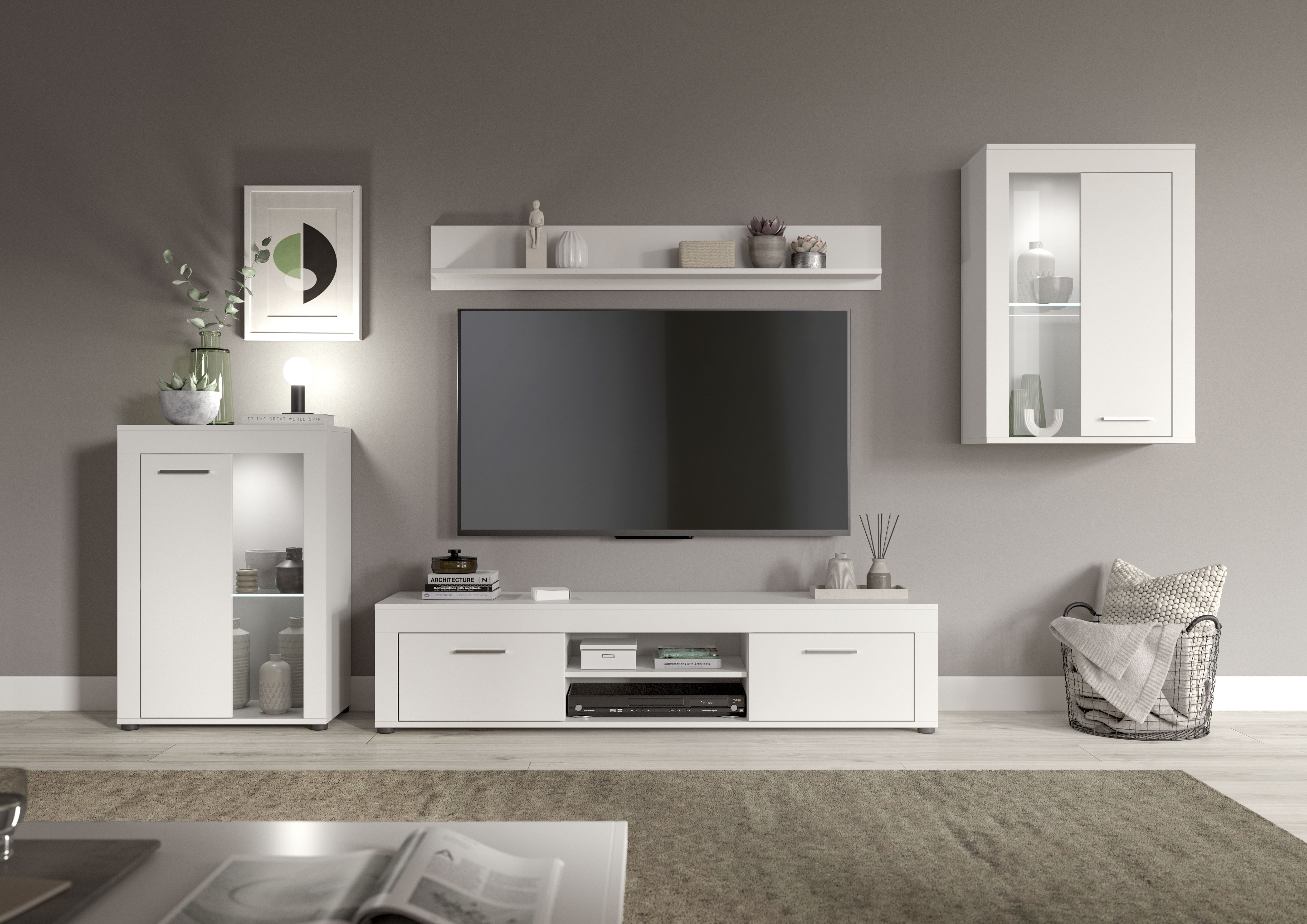 OTTO home Wohnwand "AOSTA, Breite 310cm, 4-teilige Wohn-Kombination" bestehend aus: 2x Vitrine, Lowboard & Wandboard, 4 Stk. tlg.