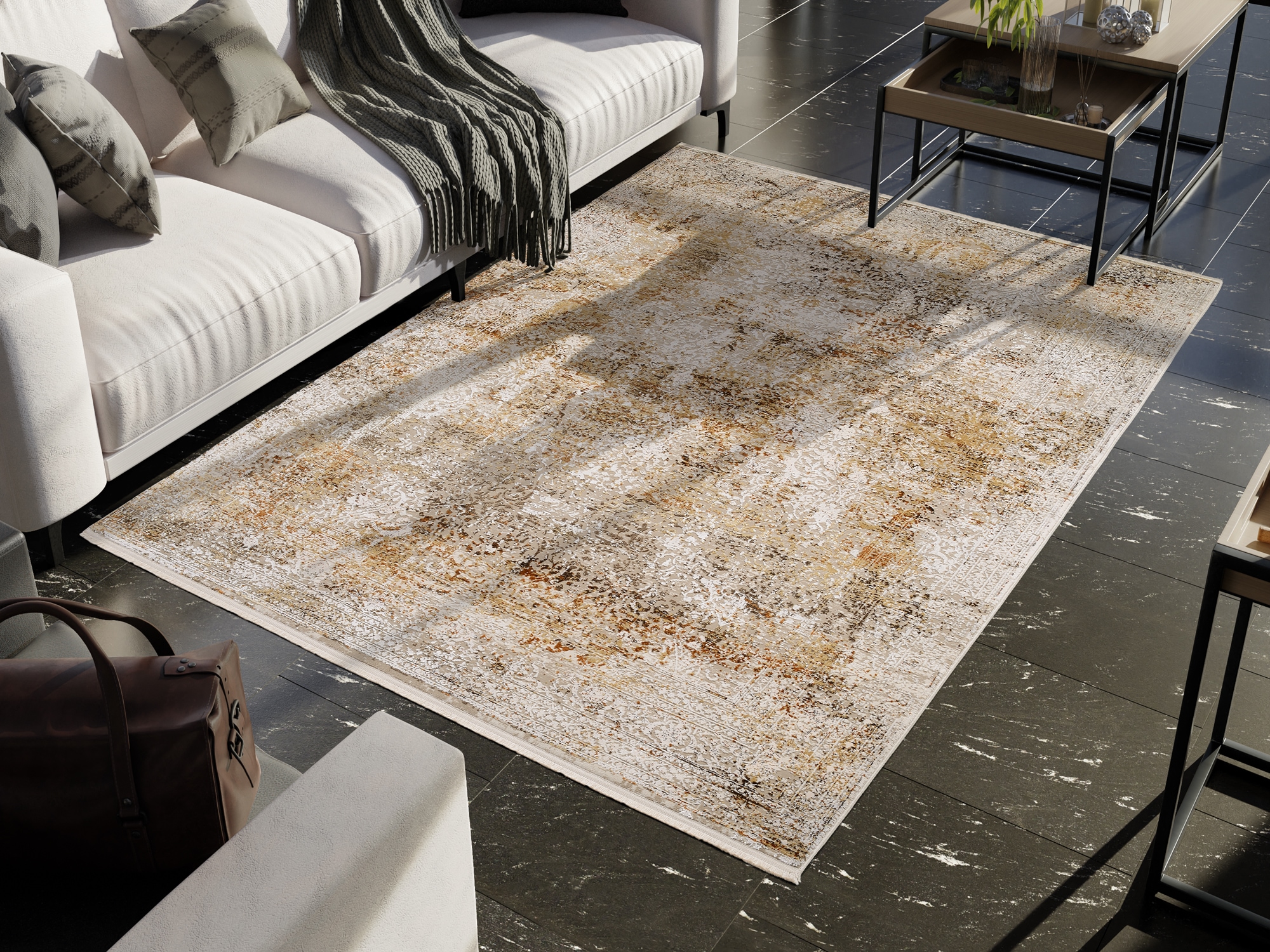 Teppich OCI DIE TEPPICHMARKE "BESTELLER CAVA", beige, mix, B:60cm H:8mm L:90cm, Viskose, Teppiche, Teppich, Glanz Viskose, mit Fransen, Hoch Tief Struktur, Vintage, Wohnzimmer