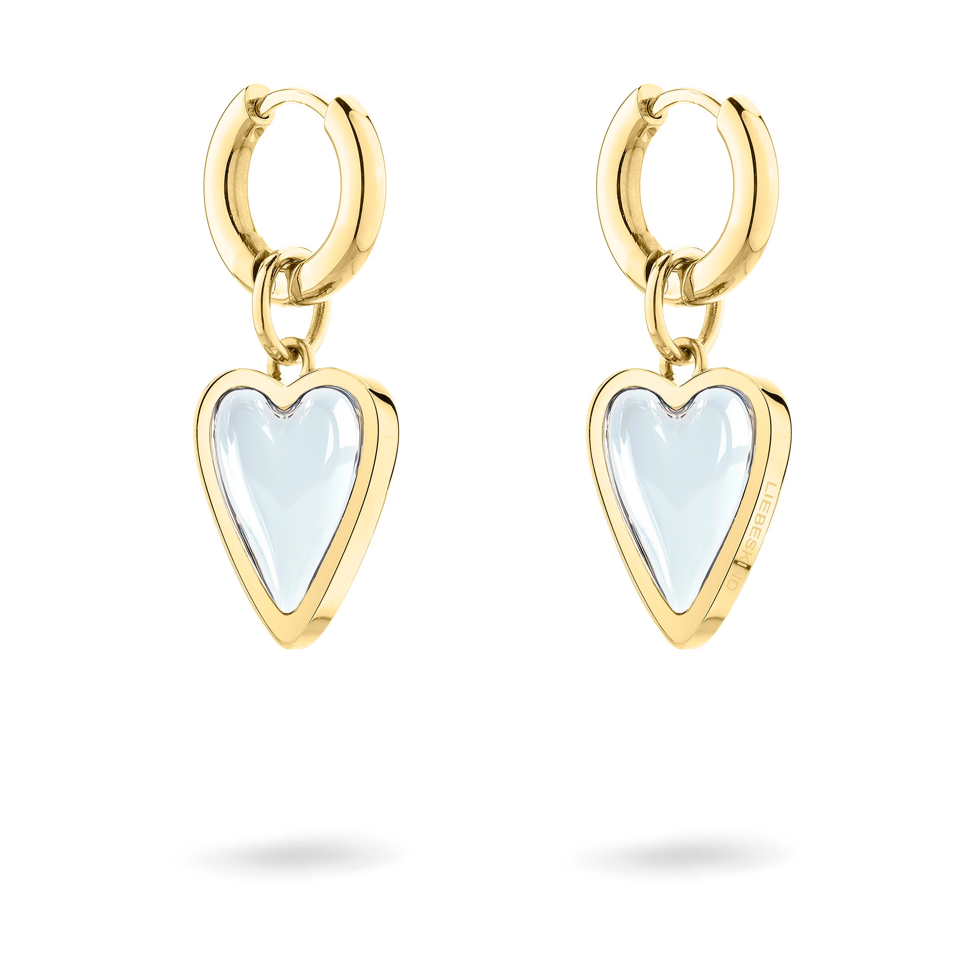 Paar Creolen LIEBESKIND BERLIN "Schmuck Ohrringe mit abnehmbaren Herz-Einhängern Glass Heart", gelbgoldfarben, transparent, transparent, Ohrringe, Damen, Edelstahl, mit Glasstein