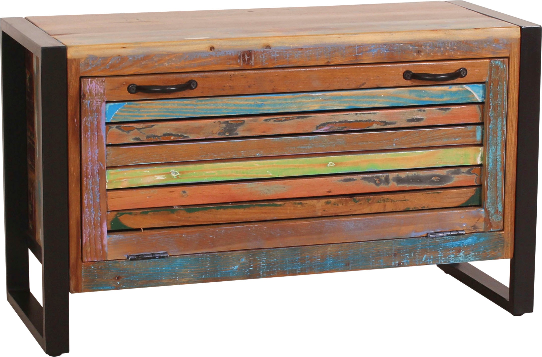 SIT Schuhschrank "Procida aus Altholz – bunte Lamellenfront – 1 Klappe" Für ca. 6 Paar Schuhe mit bunter Lamellenfront und Metallrahmen