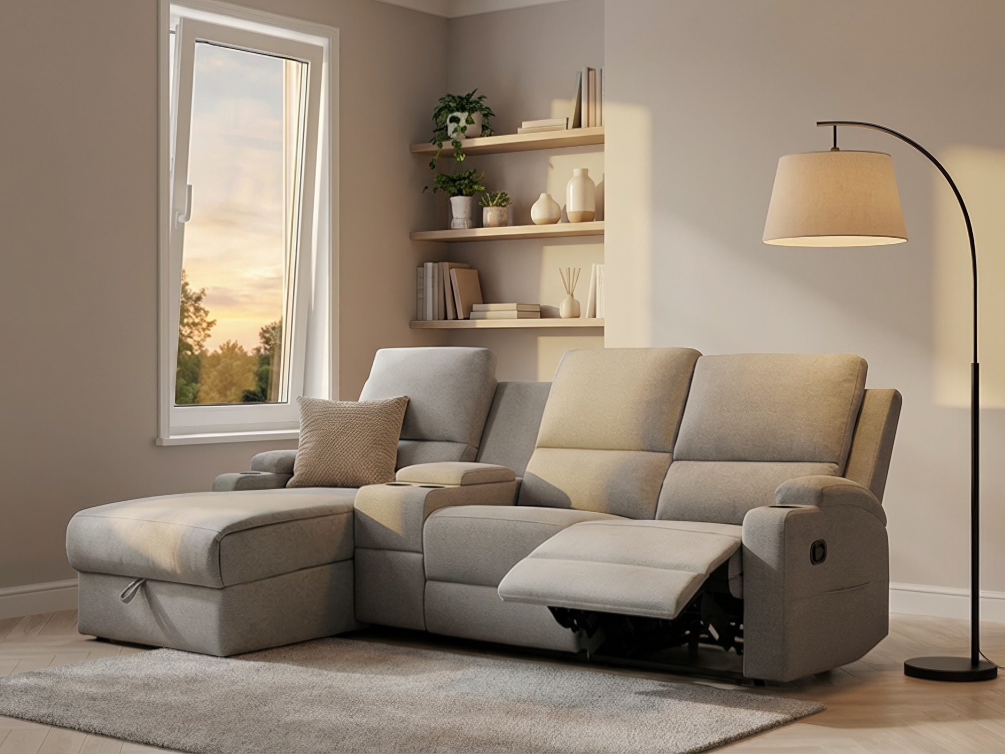 OTTO home Ecksofa "NAPORI Struktur, Multimediasofa, 3er Kinosessel XXL, L-Form" Kinosofa, manuelle o. elektr. Relaxfunktion, Staufach, Getränkehalter