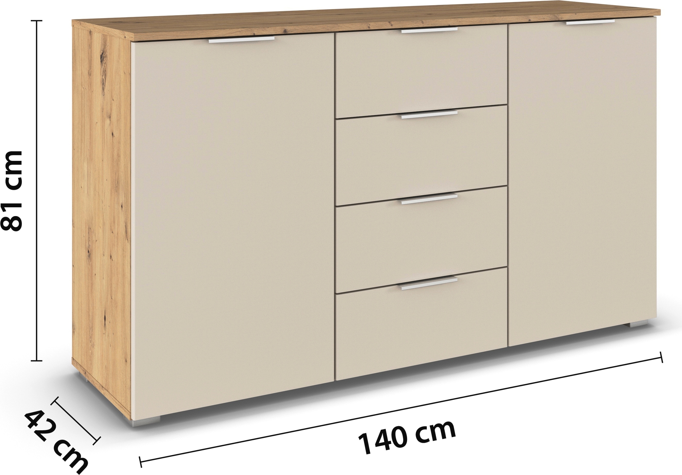 rauch Kommode »Sideboard Schubladenkommode AGORDO mit Dekor- oder Hochglanzfront«, mit 4 Schubkästen und 2 Türen sowie Metallgriffen MADE IN GERMANY