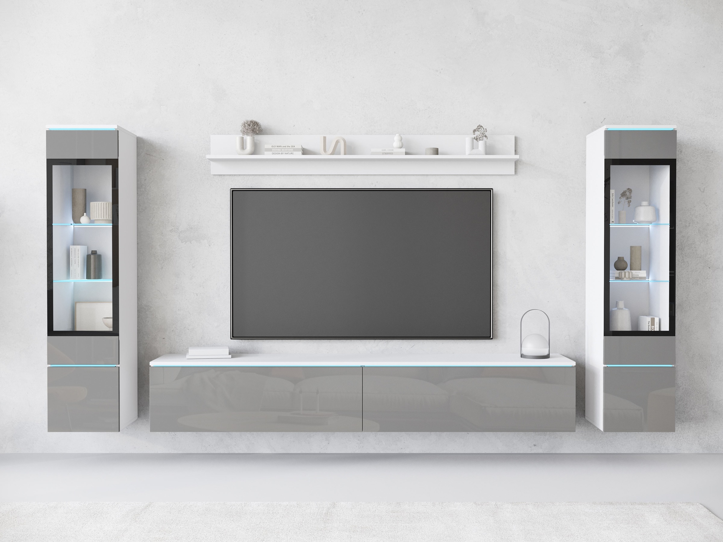 INOSIGN Wohnwand »VERA II, Vitrinen Türanschlag wechselbar«, (Komplett-Set, 4 St.), Vitrine mit Verglasung, stehend und hängend, inklusive Beleuchtung