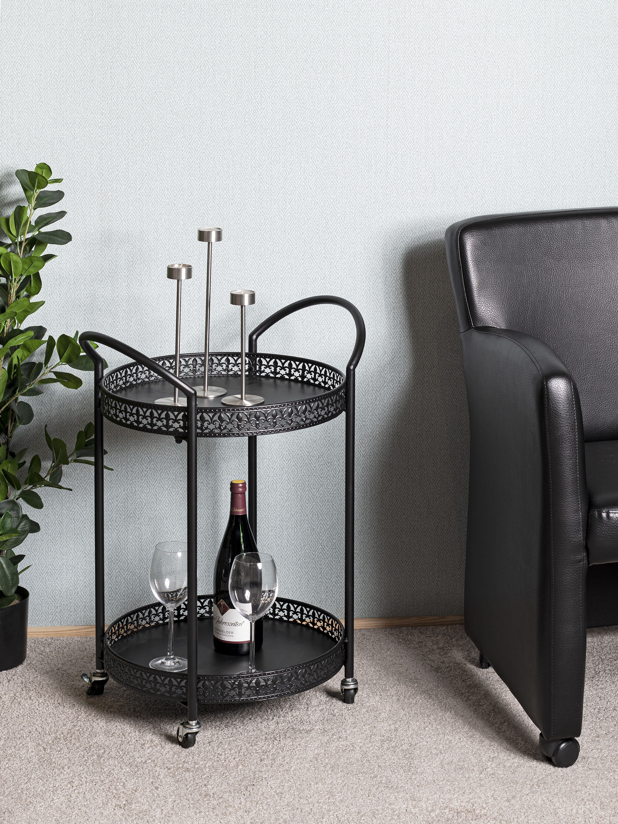HAKU Servierwagen "Dinett, Kaffeetisch, Küchenwagen, Serviertisch, Teewagen, Trolley" 1 Stk. tlg. rund - aus Metall Schwarz - Ø/H /71 cm